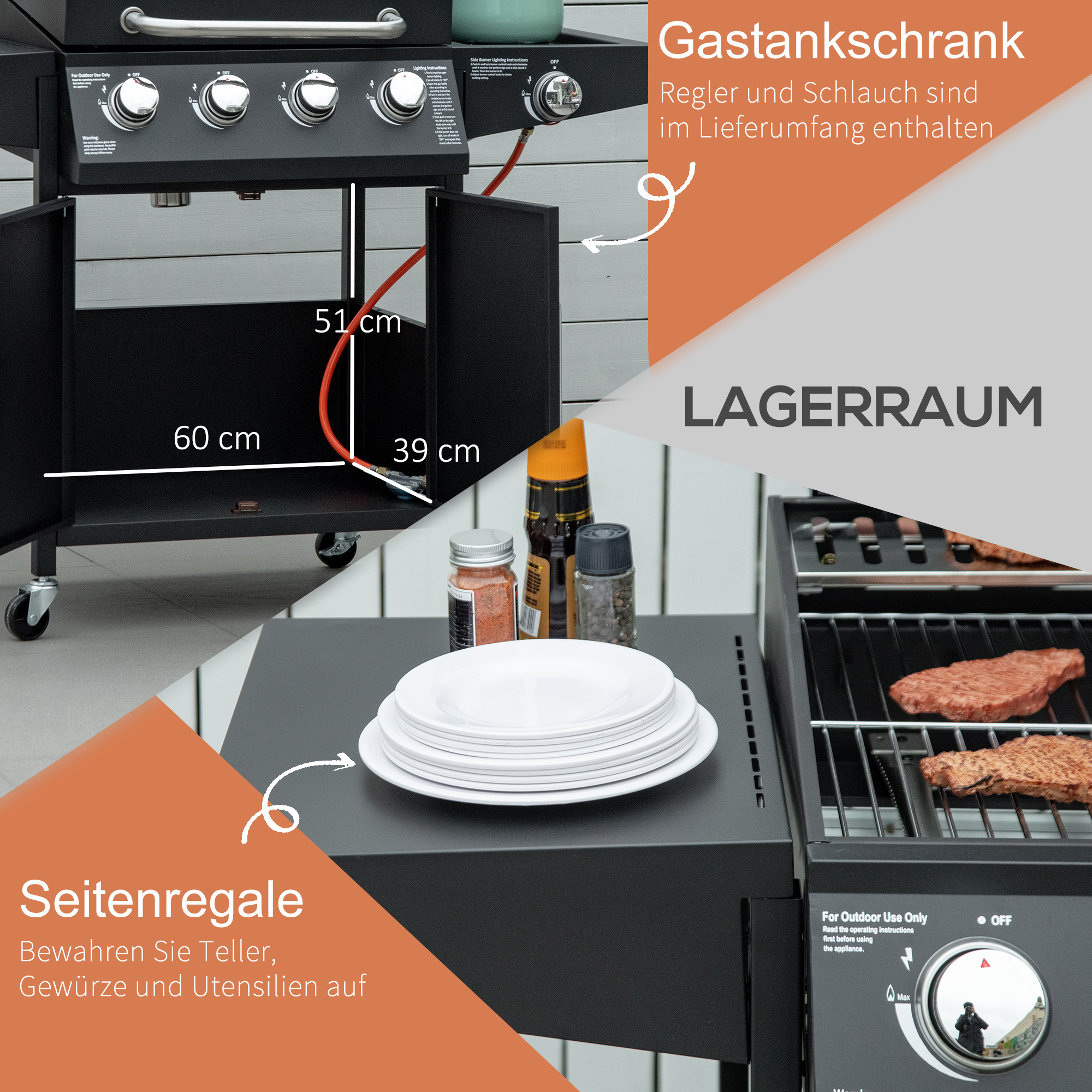Gasgrill BBQ mit 3 Brennern je 3 kw mobiler Grillwagen mit 4 Rädern Grillnetz Seitentischen Druckminderer Schläuche Schrank Multifunktion Metall Schwarz 132,4cm x 55cm x 109cm