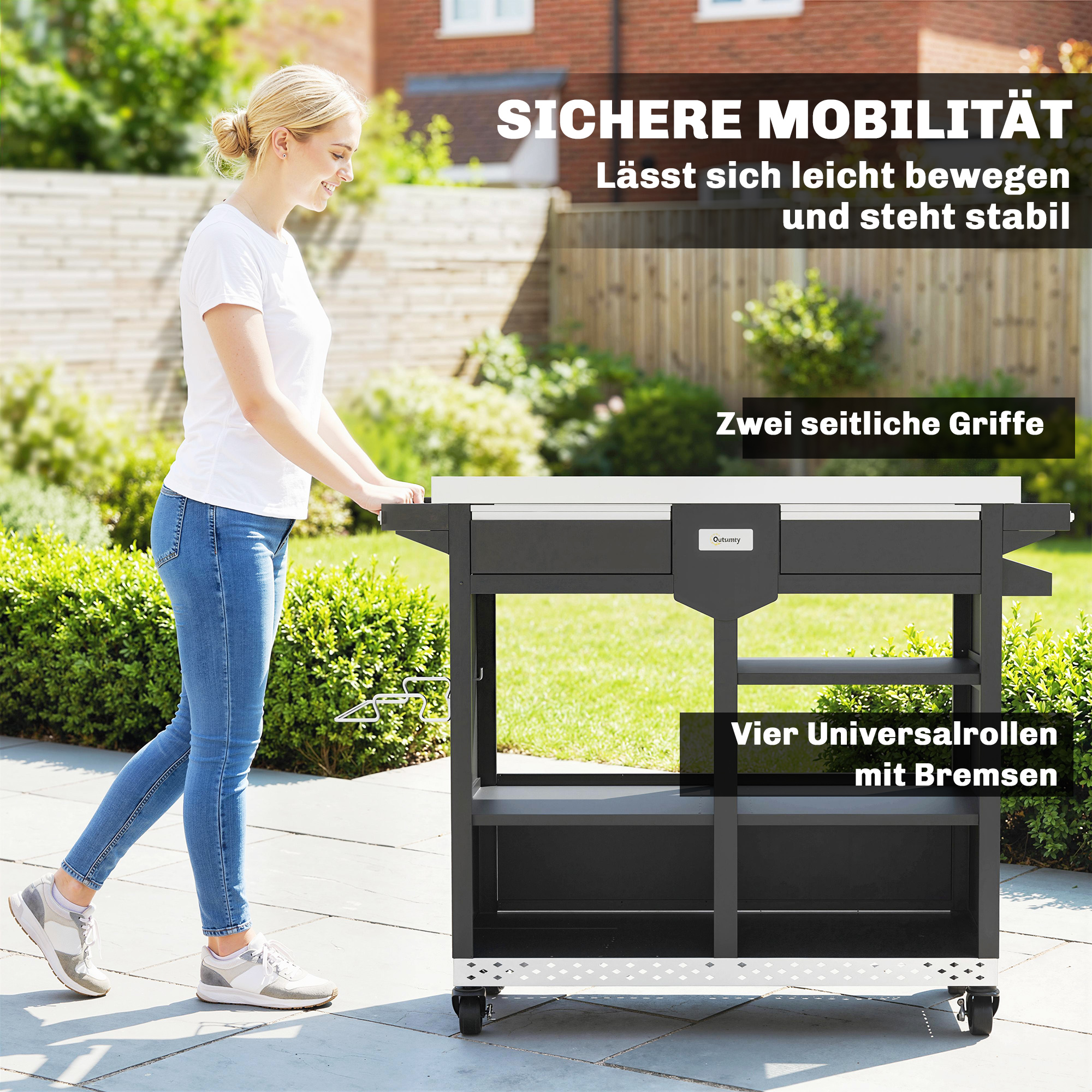 Grillwagen 5-Etagen Grilltisch mit Edelstahl Arbeitsfläche verstellbar Regale Schublade Rollen Gewürzhalter Müllständer