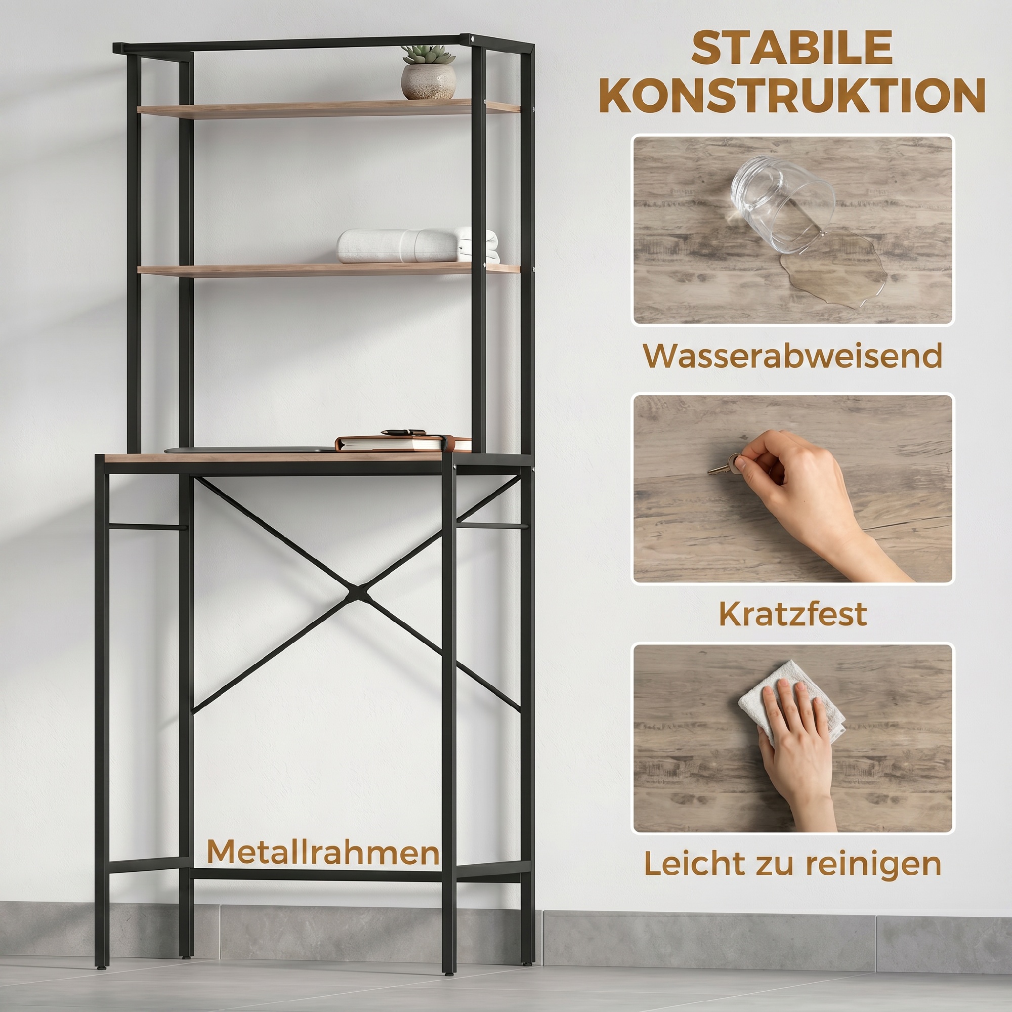 Waschmaschinenregal Badezimmerregal mit Trockenstange, 3 Ebenen für Bad, Waschküche, 67 x 40 x 161,8 cm, Braun