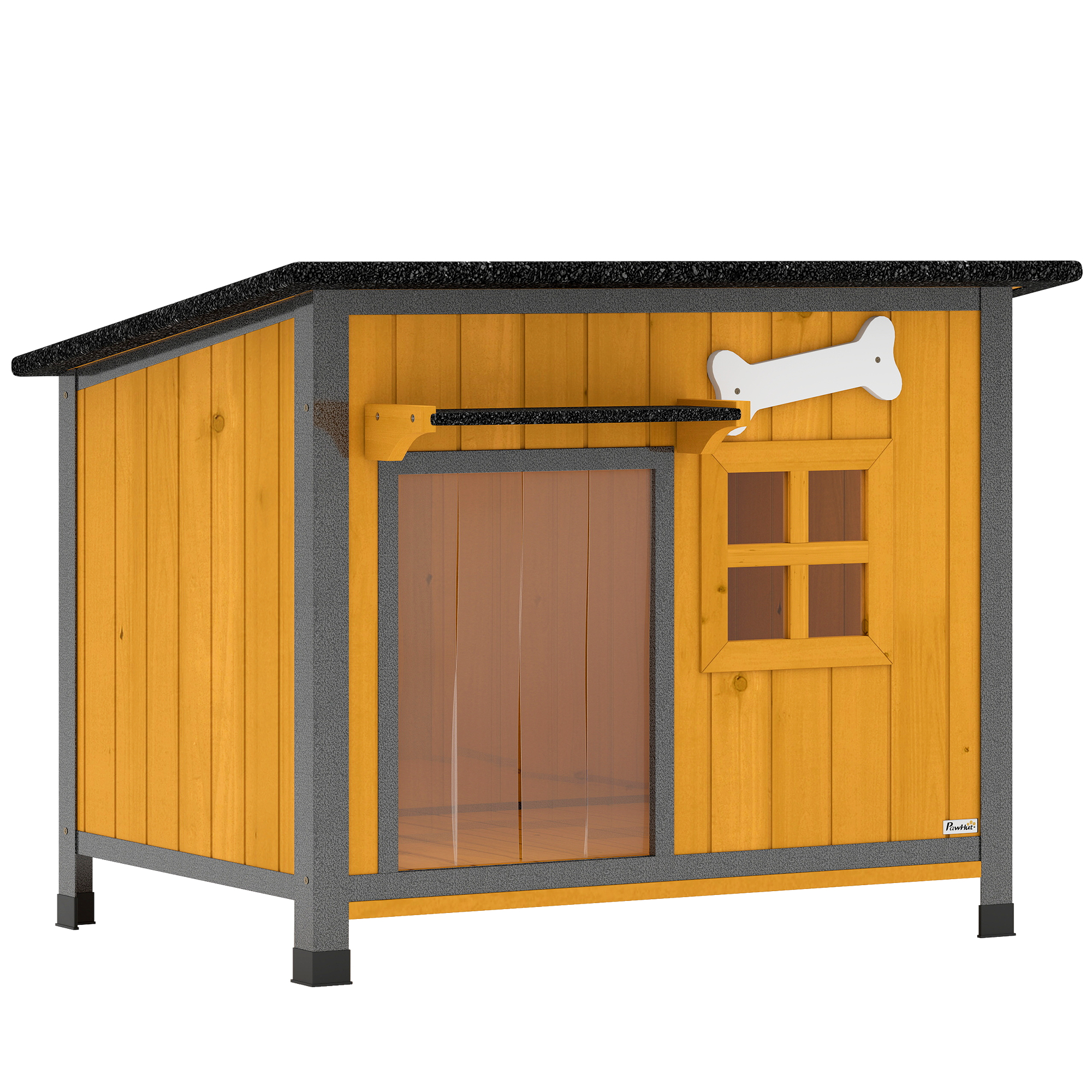 Hundehütte Holz Outdoor Hundehaus mit Asphalt-Dach zum Öffnen herausnehmbarem Boden Türvorhang Stahlrahmen 84,5x62x65cm