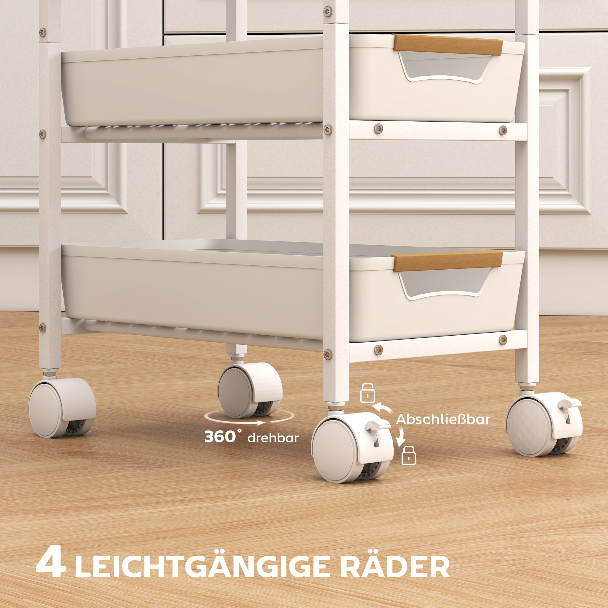 5-stufiger Küchenwagen, Holzoptik, rollbar, Metallrahmen, 4 Schubladen, Weiß