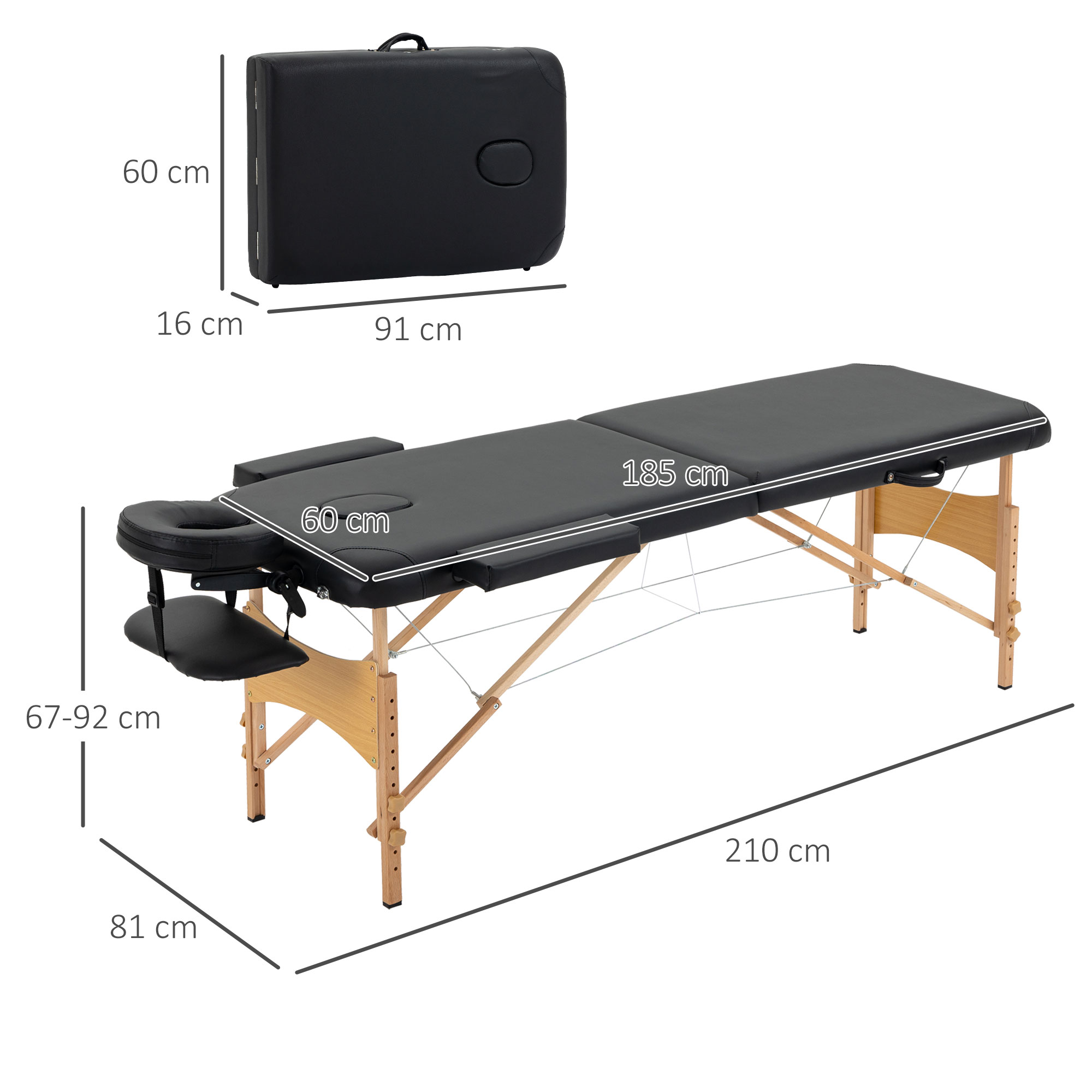 Massagetisch, klappbare Massageliege, höhenverstellbare Massagebank für Spa, Salon, Kunstleder, Holz, Schwarz