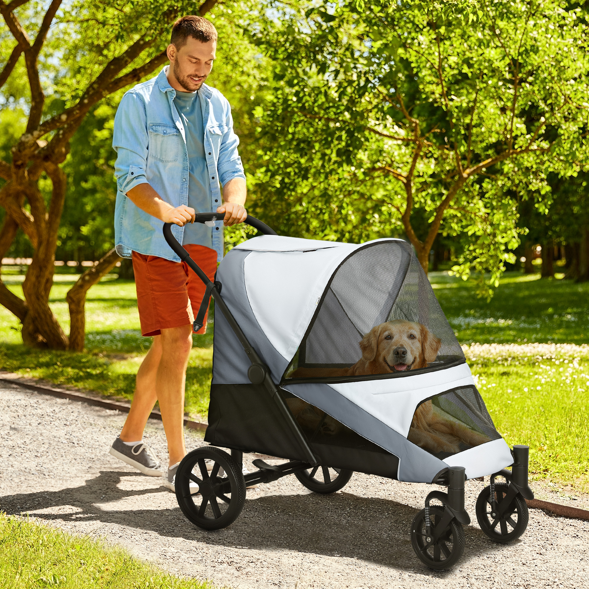 Hundewagen, Faltbarer Hundebuggy für große Hunde, Haustierwagen mit 4 Rädern, Sicherheitsleinen, Bremsen, Grau