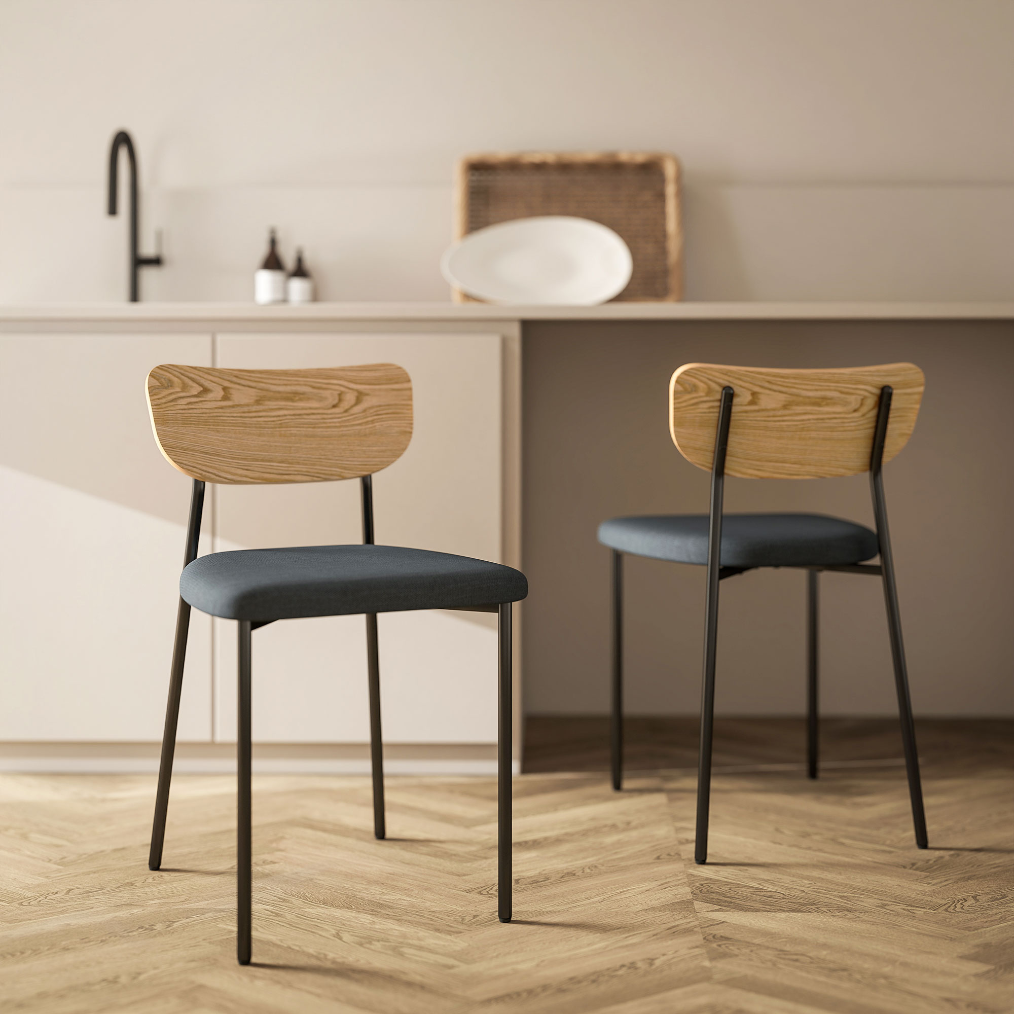 2er-Set Esszimmerstühle, Leinenoptik, armloses Design, Metallbeine, Grau