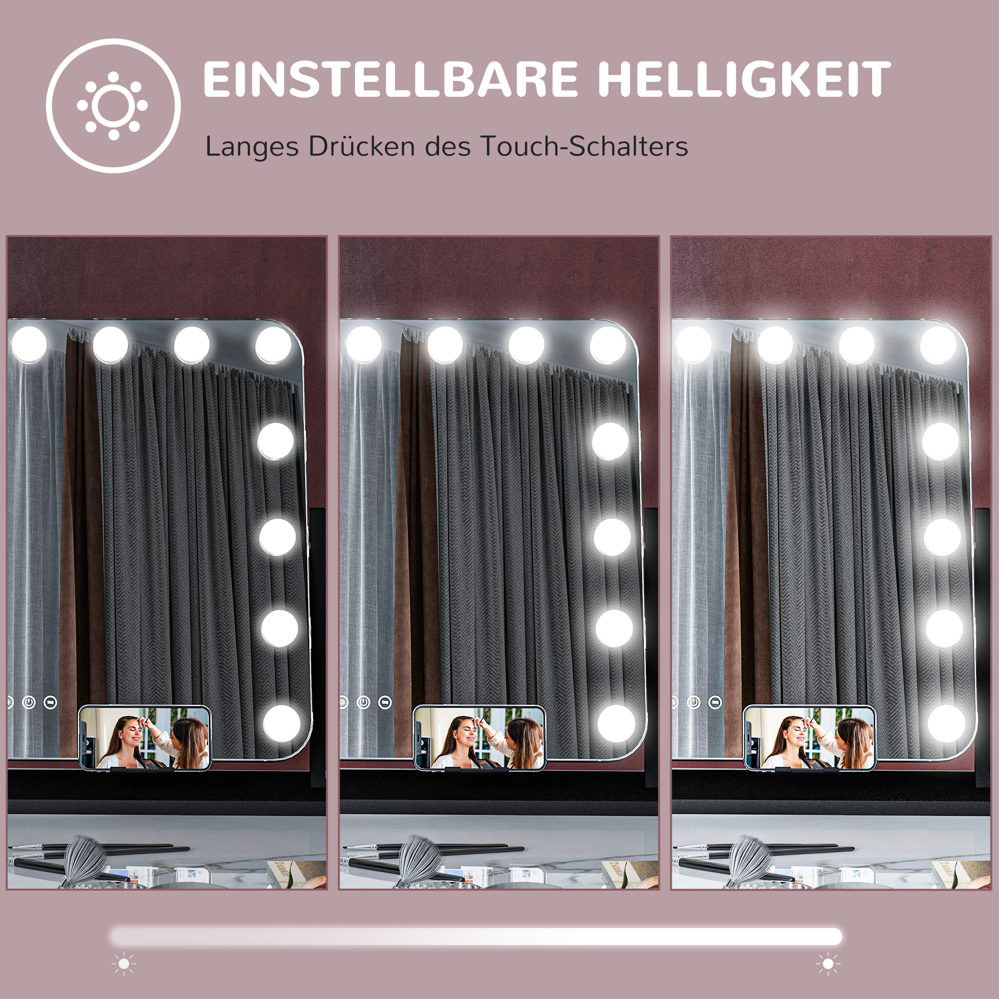 LED Kosmetikspiegel, 3 Lichtmodi, dimmbar, Touchsteuerung, USB, 62,5x49,5cm, Schwarz