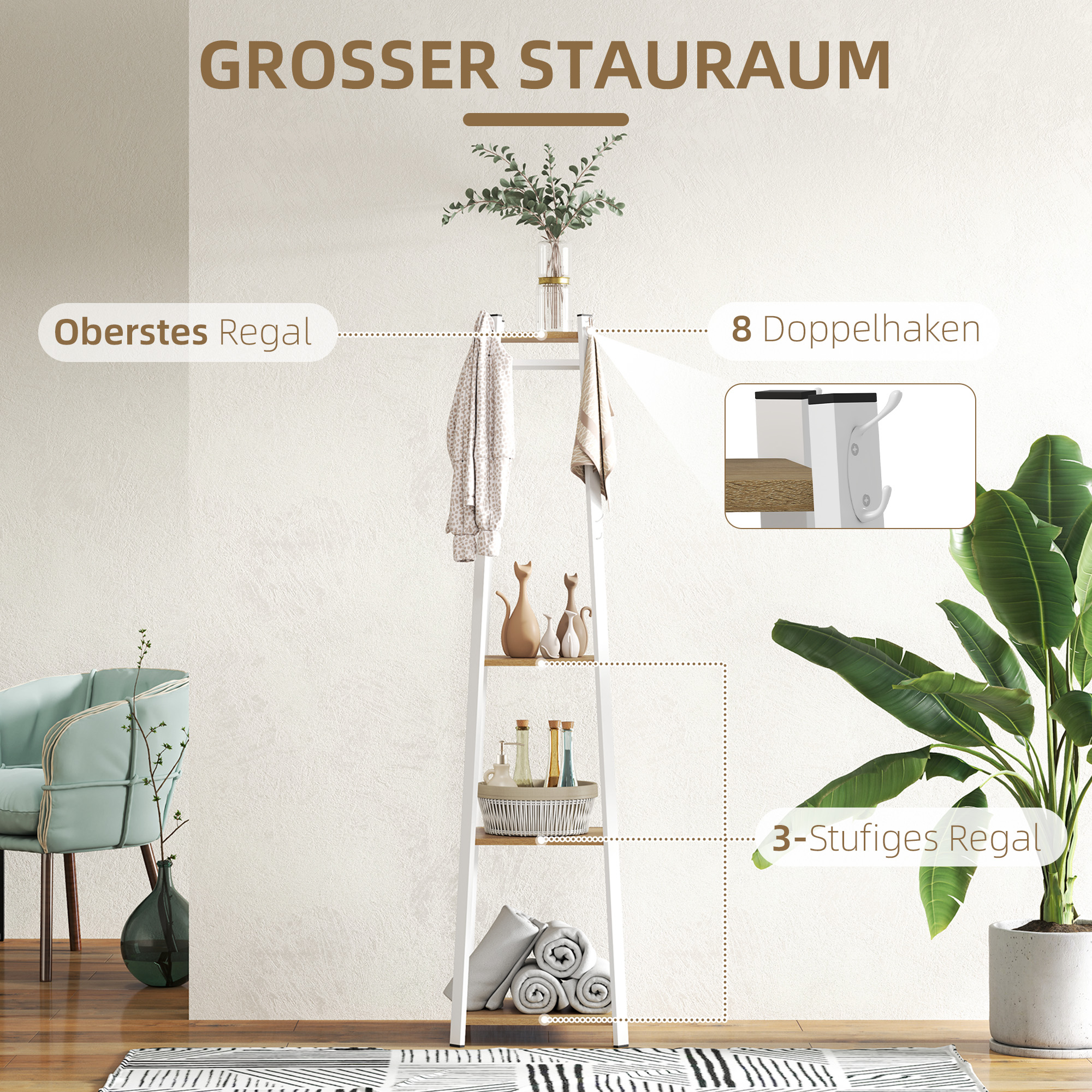 Kleiderständer, Trapez-Design, dreistufig, 8 Doppelhaken, Stahll, Weiß+Eiche