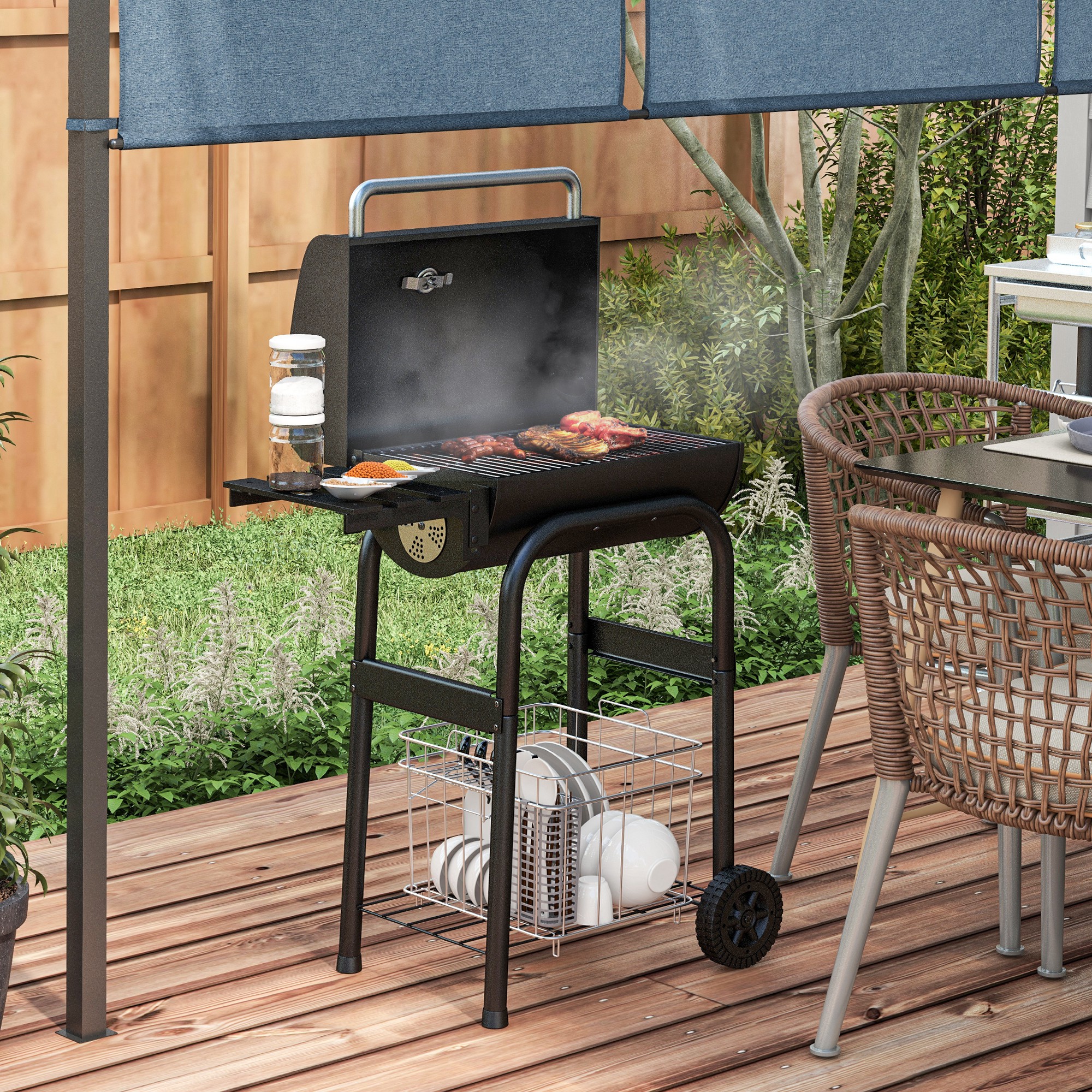 Holzkohlegrill Smoker BBQ-Grill, 1 Ablage,inkl, Thermometer, 83 x 46,5 x 115 cm, Schwarz