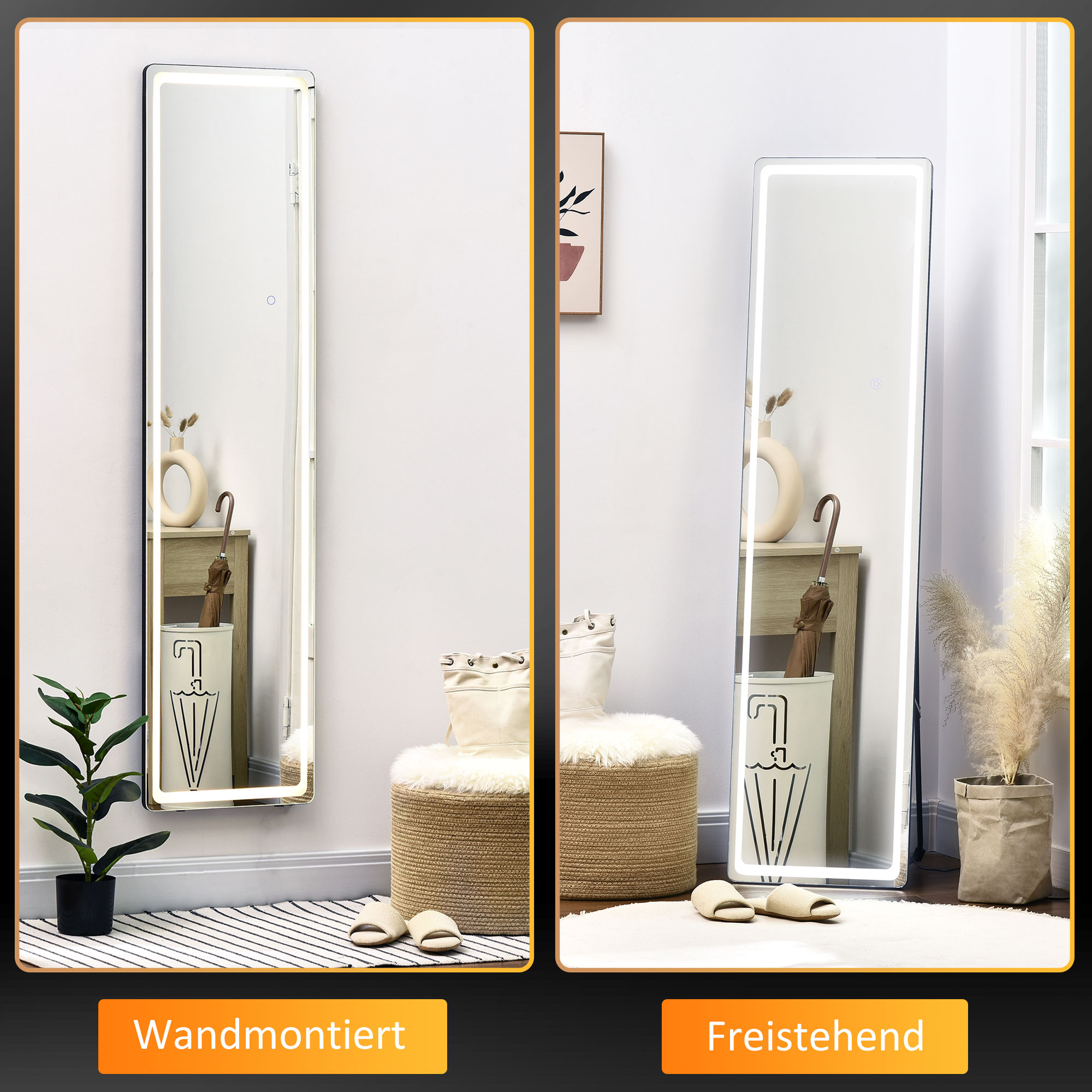 2 in 1 Standspiegel mit LED-Licht, freistehend, Aluminium, einstellbares Licht, 40 cm x 37 cm x 157,5 cm
