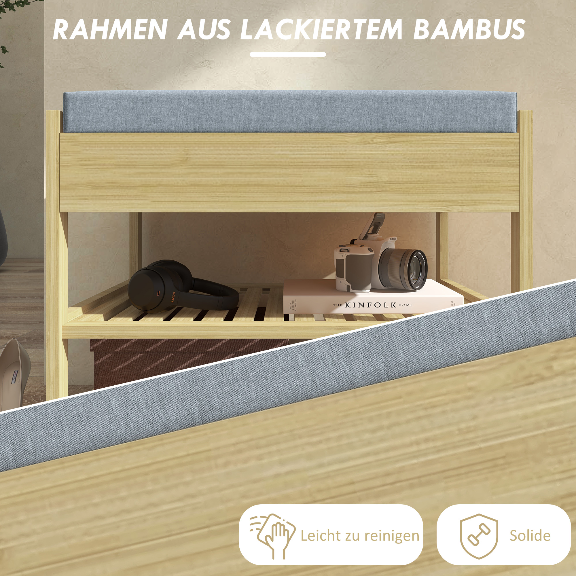 Schubank Schuhregal, 2 Ablagen, Sitzpolster, Bambus, 55 cm x 35 cm x 46 cm, Grau + Natur