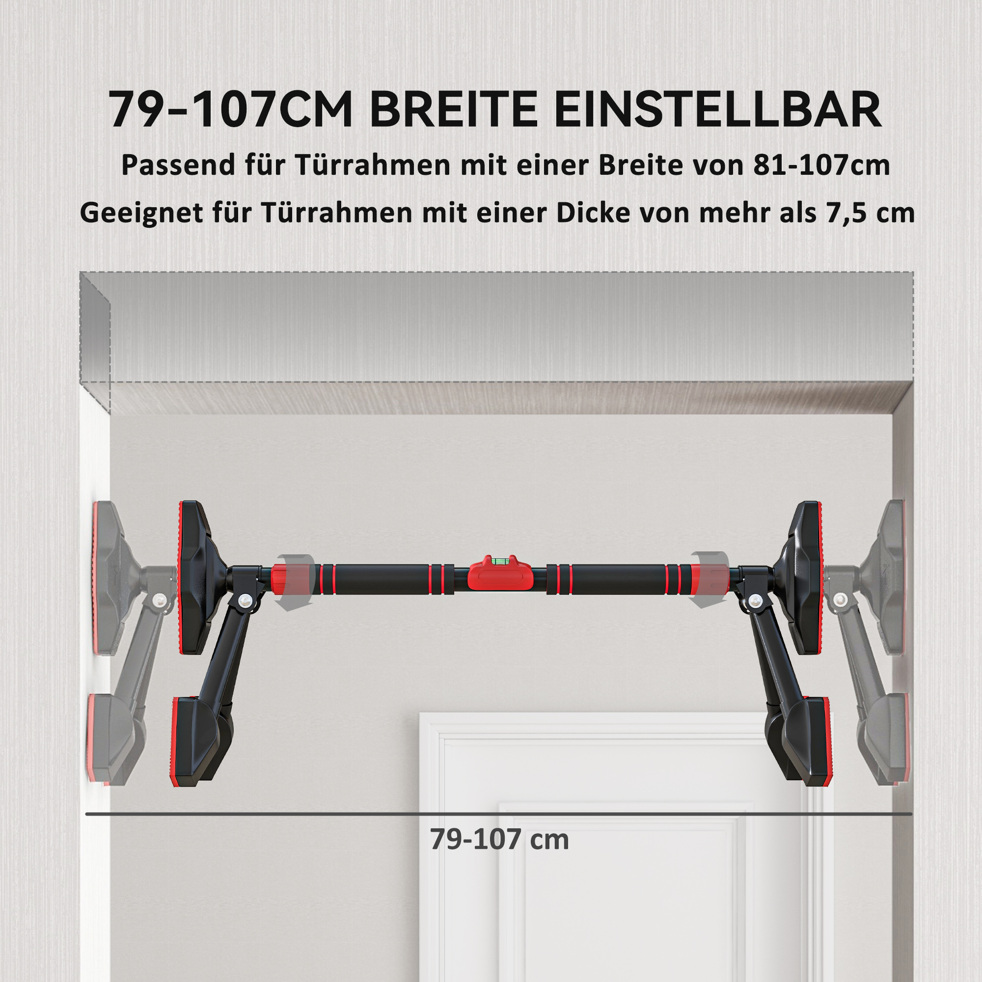 Klimmzugstange, verstellbar 80-110cm, Wasserwaage, 6-Punkt-Unterstützung, Metall, Schwarz/Rot