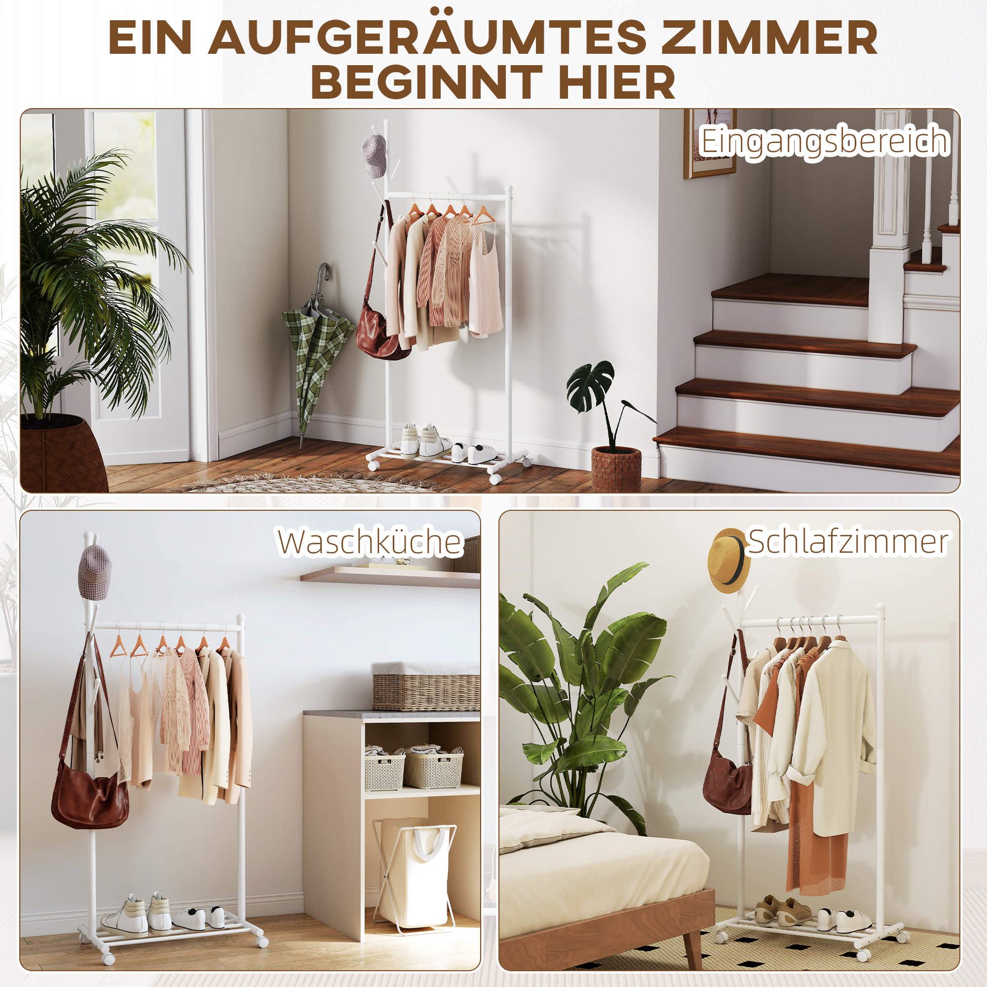 Kleiderständer mit Rolle, mobiler Garderobenständer mit Kleiderstange, 5 Haken, Schuhregal Weiß