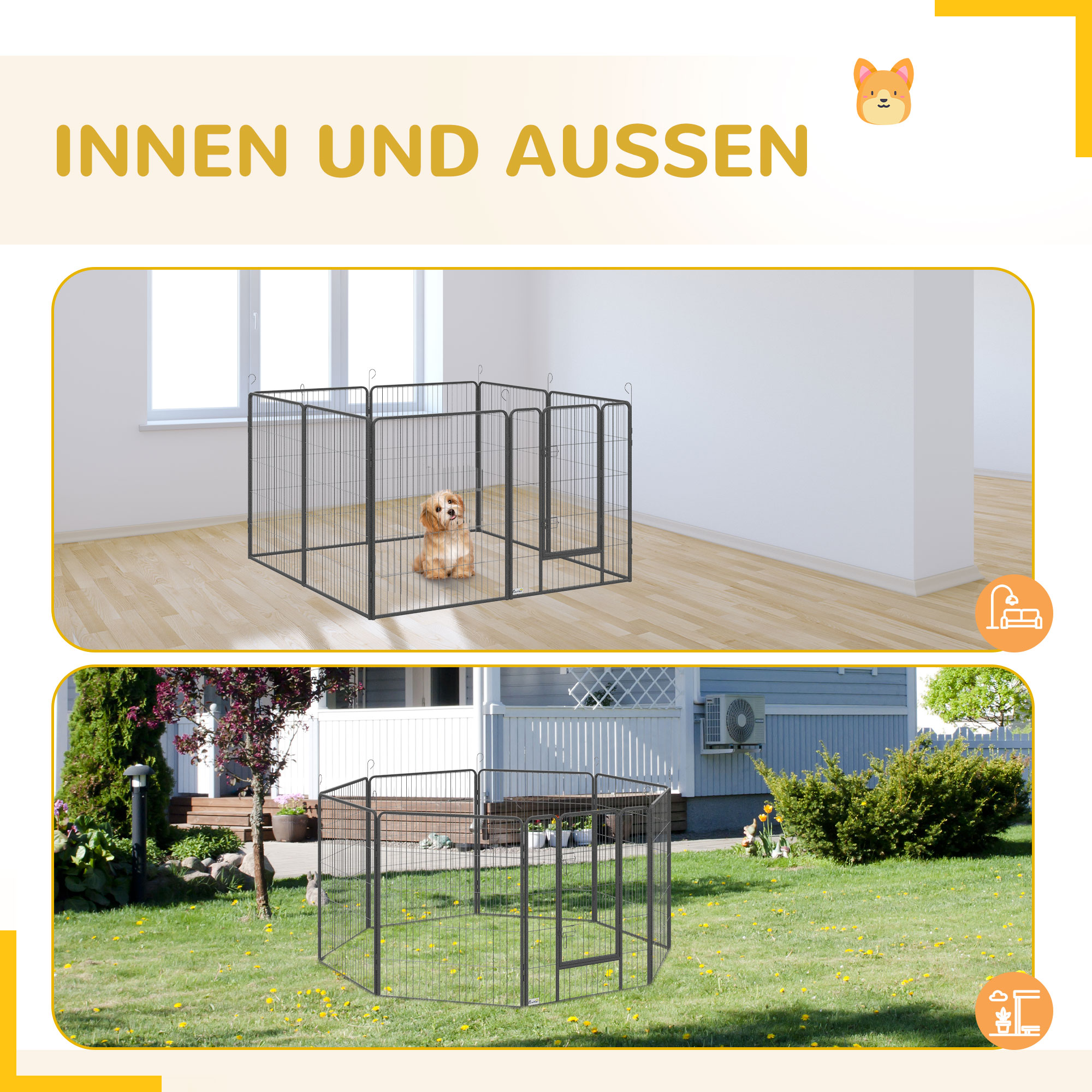 Welpenauslauf, modulares Design, 16 Elemente, 2 Türen, wetterfest, Stahl, 3,2 x 3,2 x 1 m, grau