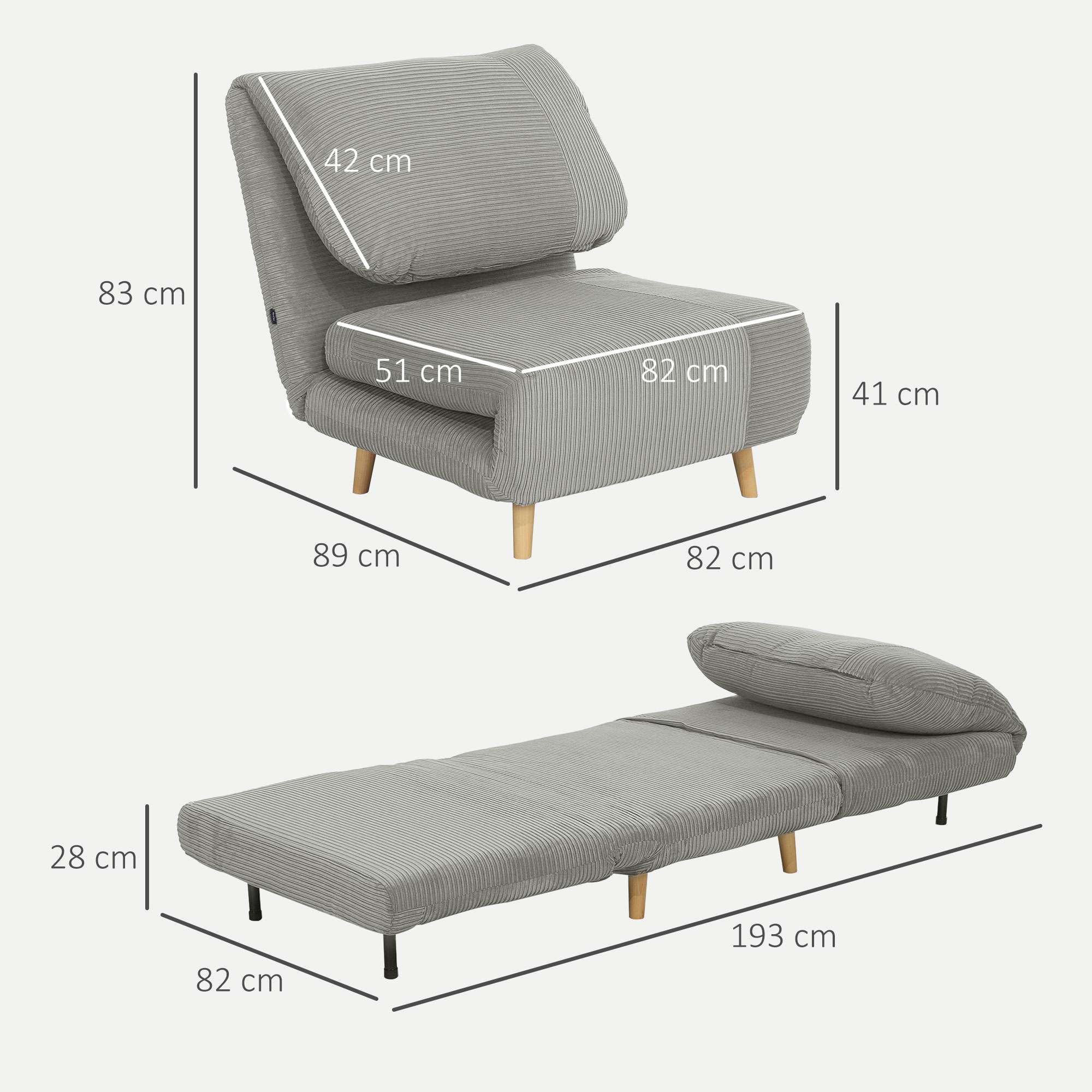 2-in-1 Schlafsessel Gästebett, verstellbare  Kopfstütze Cord-Optik 82 cm x 8 cm x 83 cm Grau