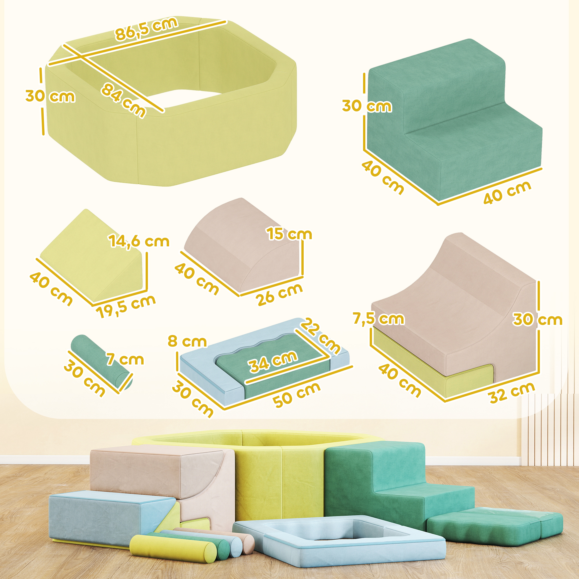 15-teiliges Softbaustein-Set, 200 Kunststoff-Bälle, Bällebad für Kleinkinder, Indoor, Schaumstoff, Bunt