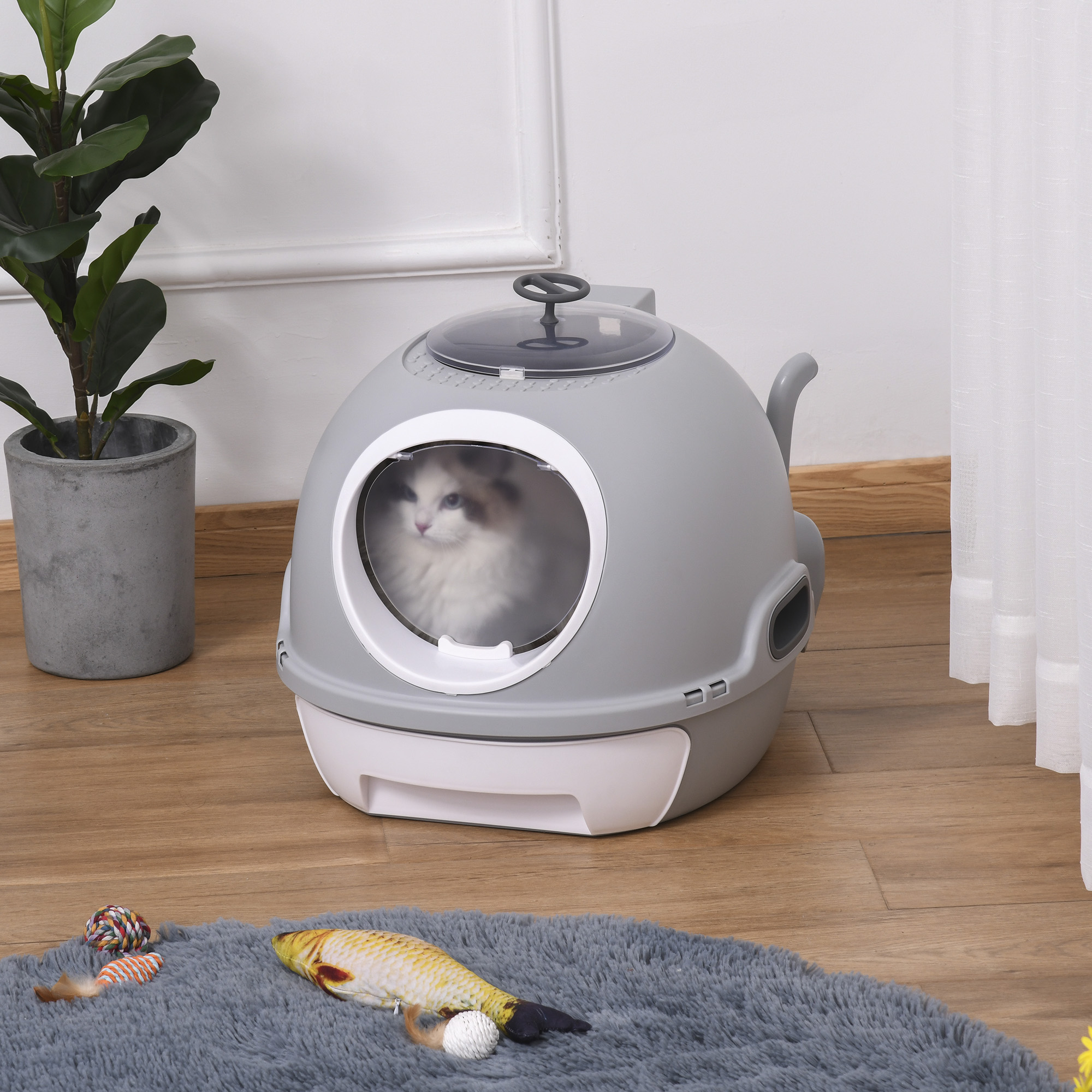 Katzentoilette mit Dachfenster, Katzenklo mit Bodenschale, mit Schaufel, Tragbar, PP ABS, Grau, 47 x 55 x 44 cm