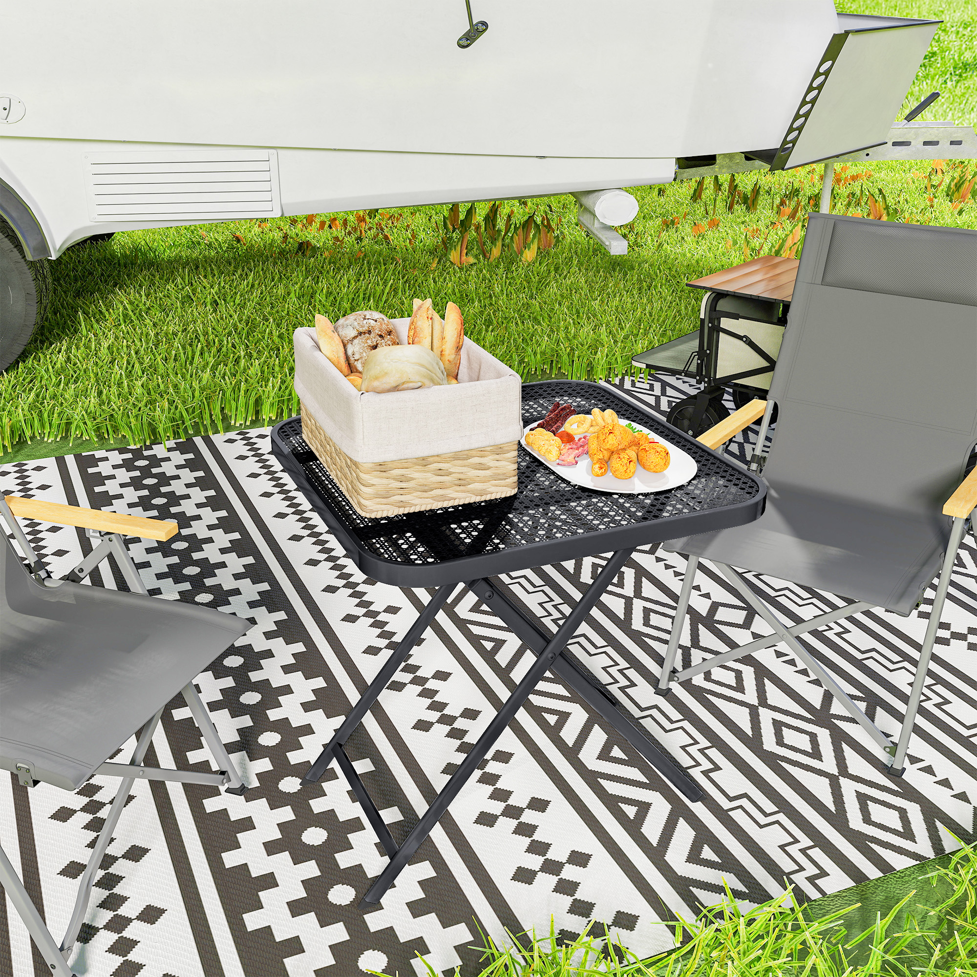 Gartentisch klappbar 70 x70 cm, Wetterfest Balkontisch Klapptisch mit Ausschnitt-Design quadrarisch Schwarz