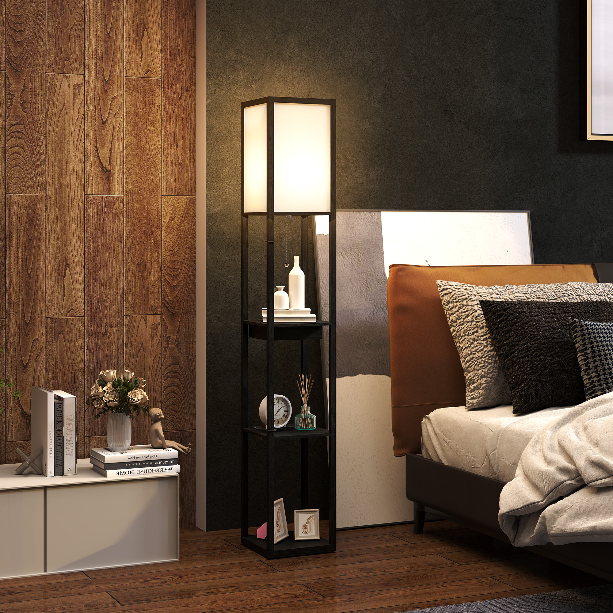 Stehlampe mit 3-stufigem Regal, Fußschalter, USB-Anschlüssen, MDF, Schwarz