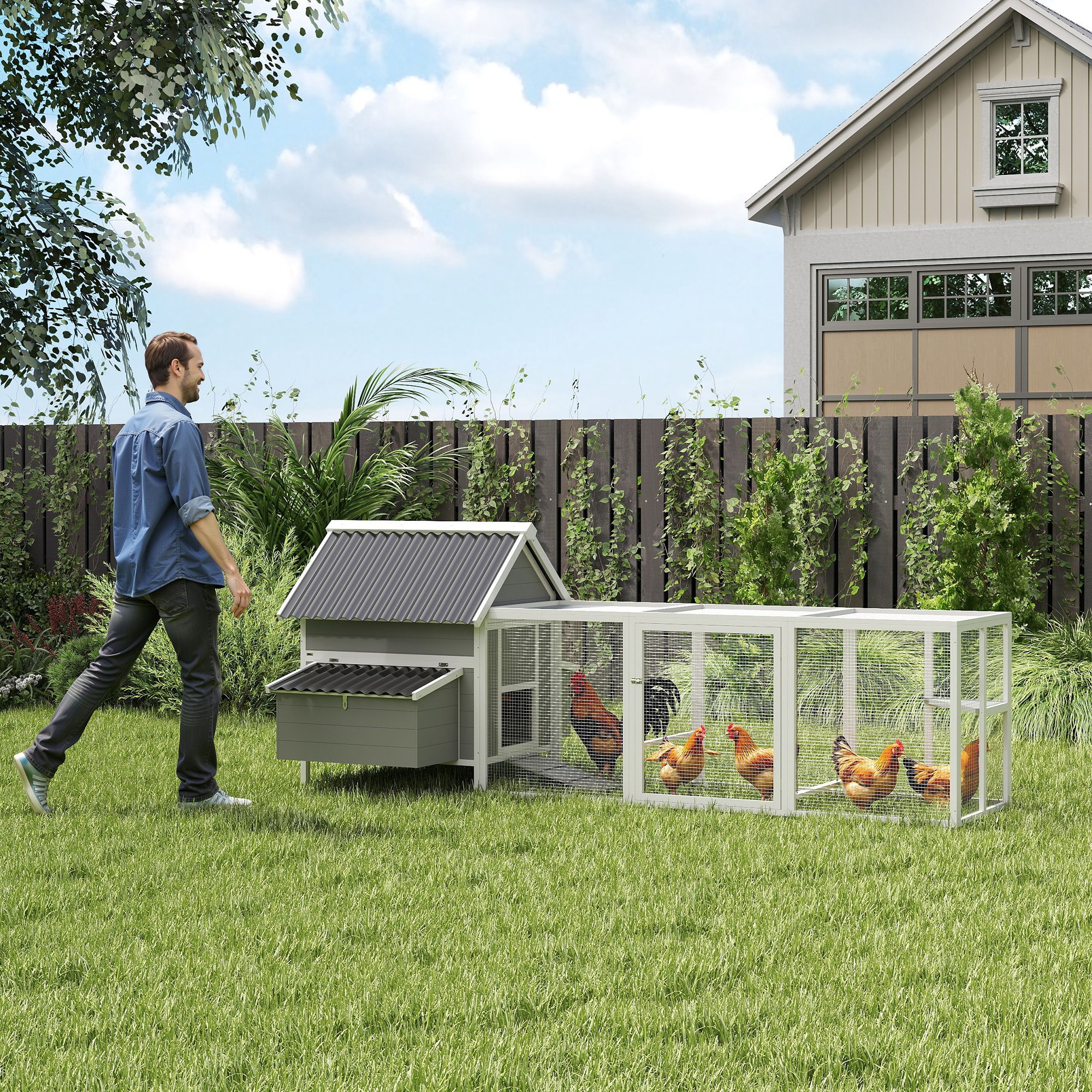 Großer Hühnerstall für 7-10 Hühner, Sitzstangen, Schaukel, Fenster, Nistkästen, Maschendraht, Grau