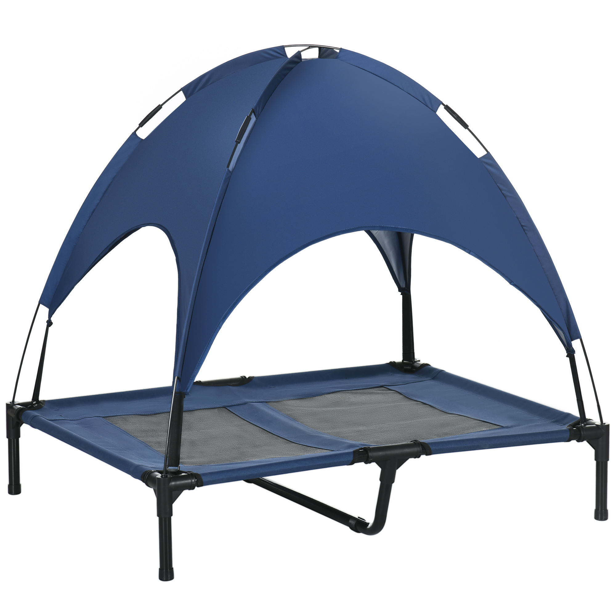 Hundebett mit Baldachin, Outdoor-Hundebett, klappbar, erhöhter Stand, Blau + Schwarz