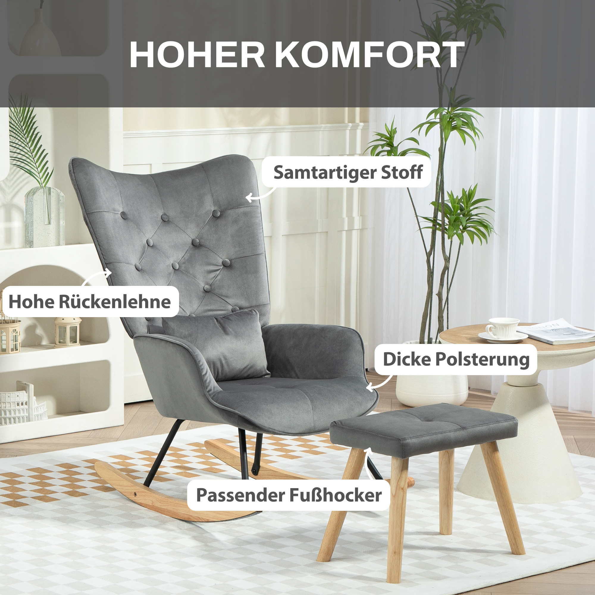 Akzentsessel mit Hocker, gepolstert, hohe Rückenlehne, Samtoptik, bis 150 kg, Dunkelgrau
