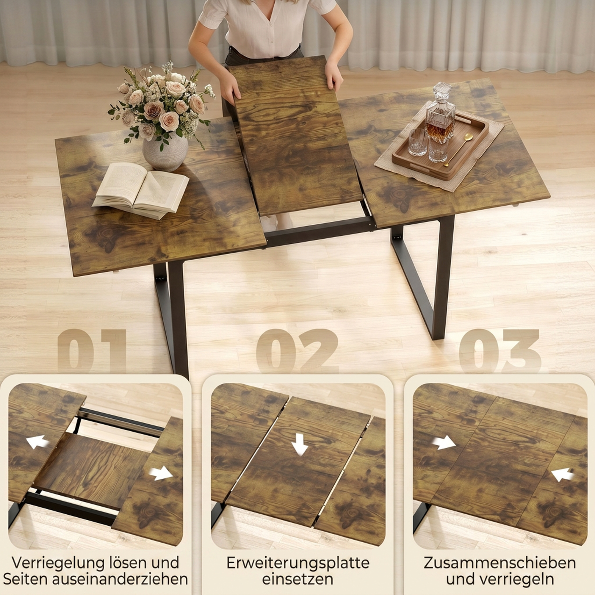 ausziehbarer Esstisch 140-180 cm für 6-8 Personen, rechteckig im Industrial-Design mit Stahlgestell, Tigerholzoptik