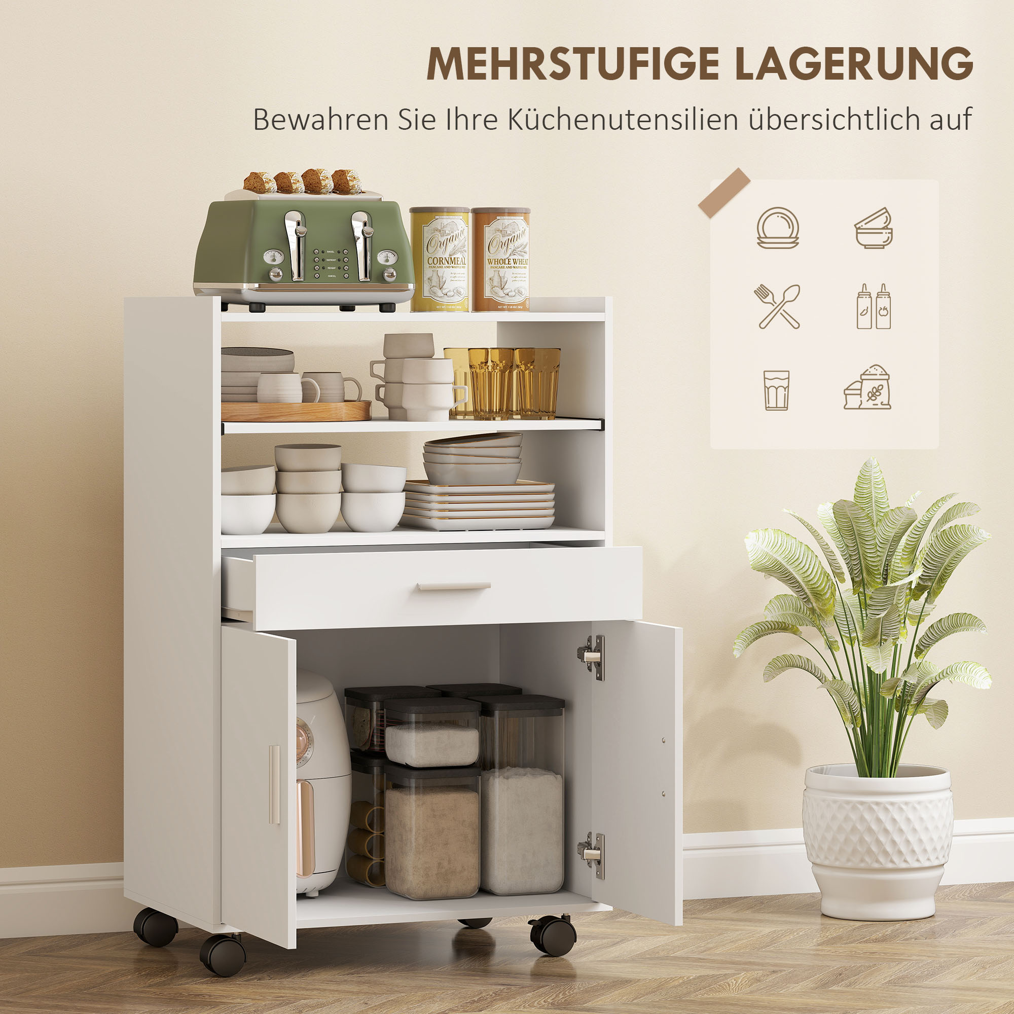 Mikrowellenschrank, Regal, Doppeltürschrank, Schublade, Rollen, Weiß