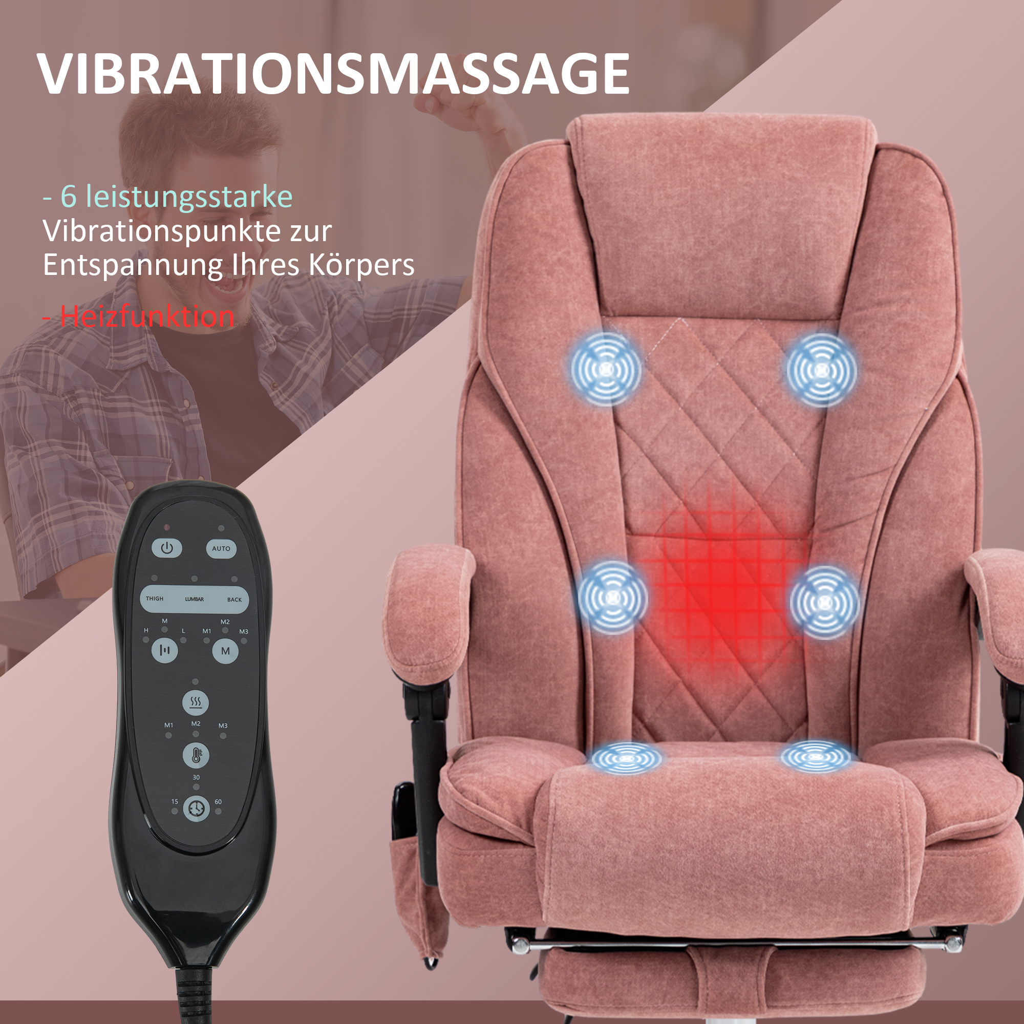 ergonomischer Bürostuhl mit Massagefunktion, Fußstütze, drehbar, rollbar, Rosa