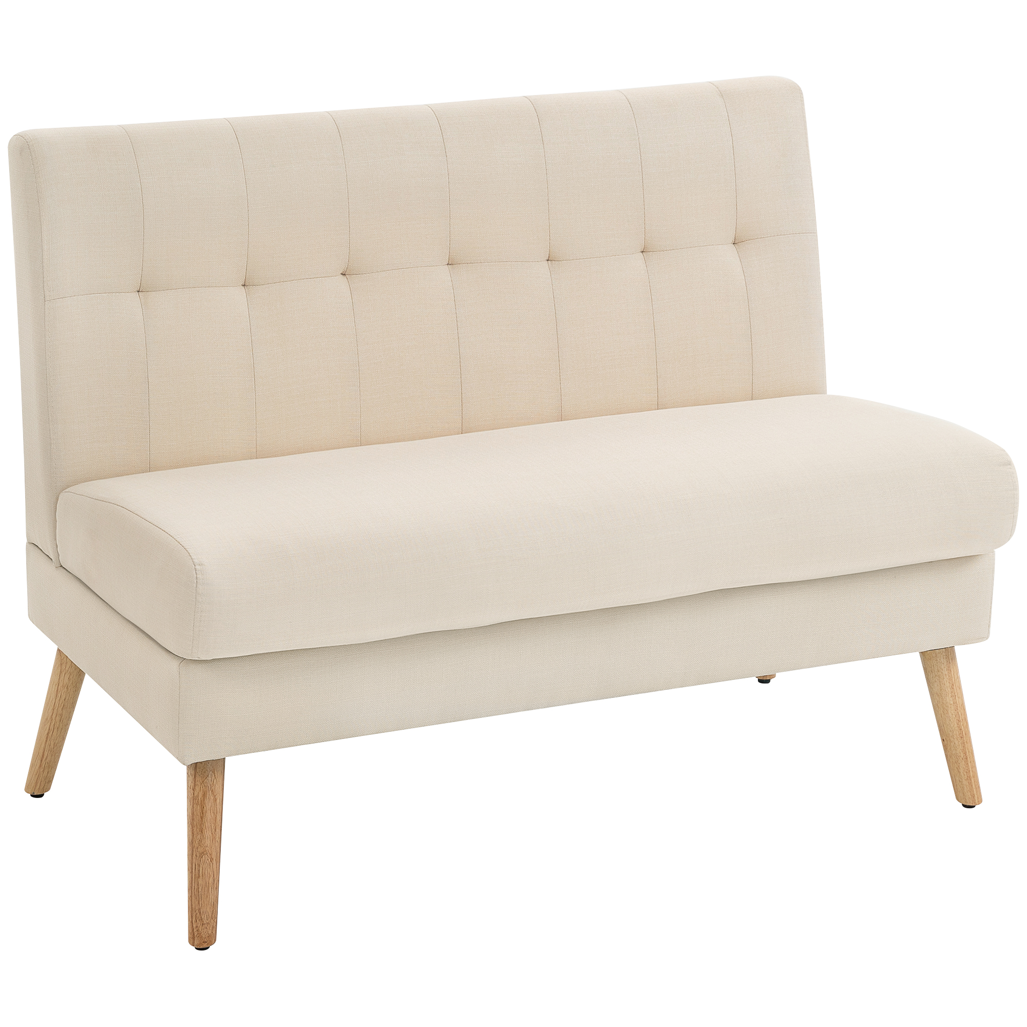 2-Sitzer-Sofa, getuftete Rückenlehne, Holzbeine, dicke Polsterung, Leinenoptik, für kleine Räume, Beige