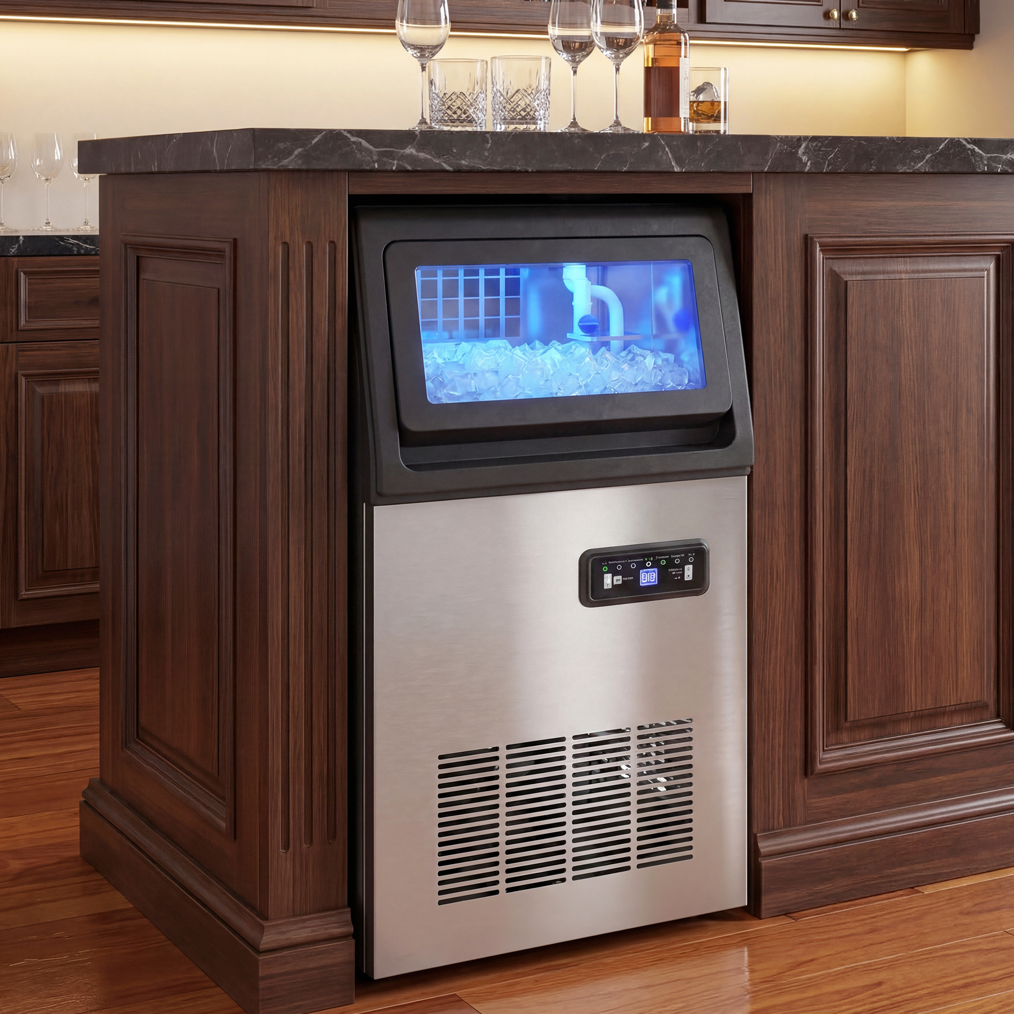 Eismaschine, 45 kg/24 Std., Edelstahl, Unterbau oder freistehend, Silber