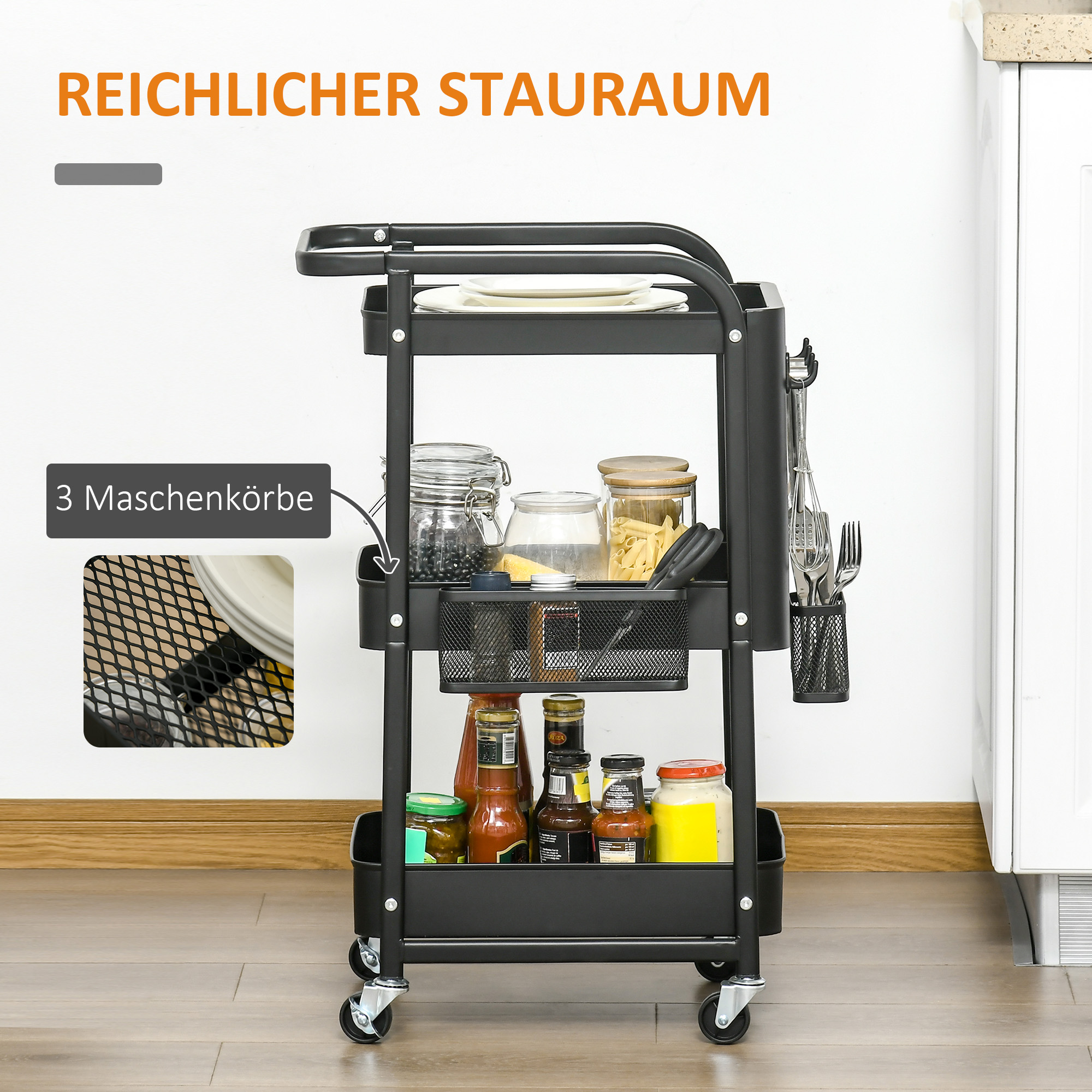 Küchentrolley mit Lochtafel, Handtuchhalter, Aufbewahrungskörbe, Schwarz