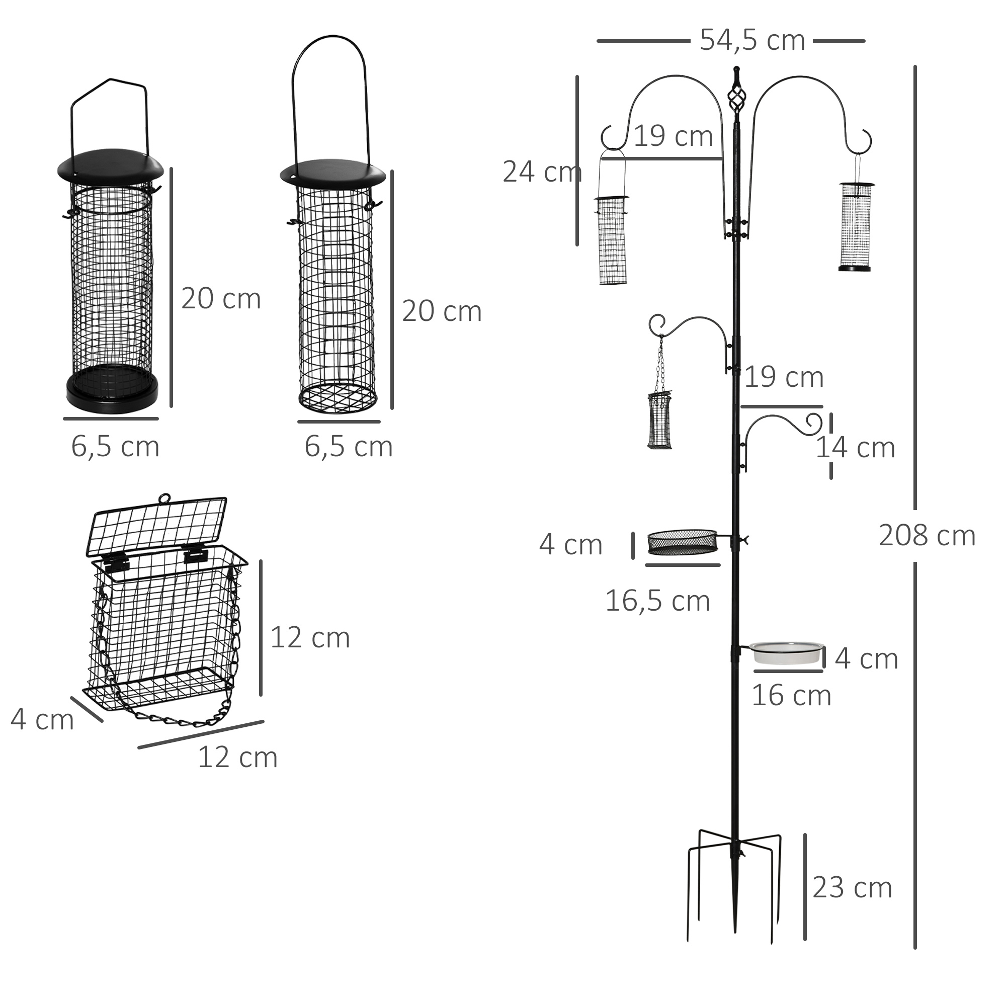 Vogel Futterstation 208 cm Vogelfutterstation mit 4 Haken, Erdspieß, Wasser- & Futterschale, Futtersäule Freistehend Vogelfutterspender für Garten Wildvögel Stahl Schwarz