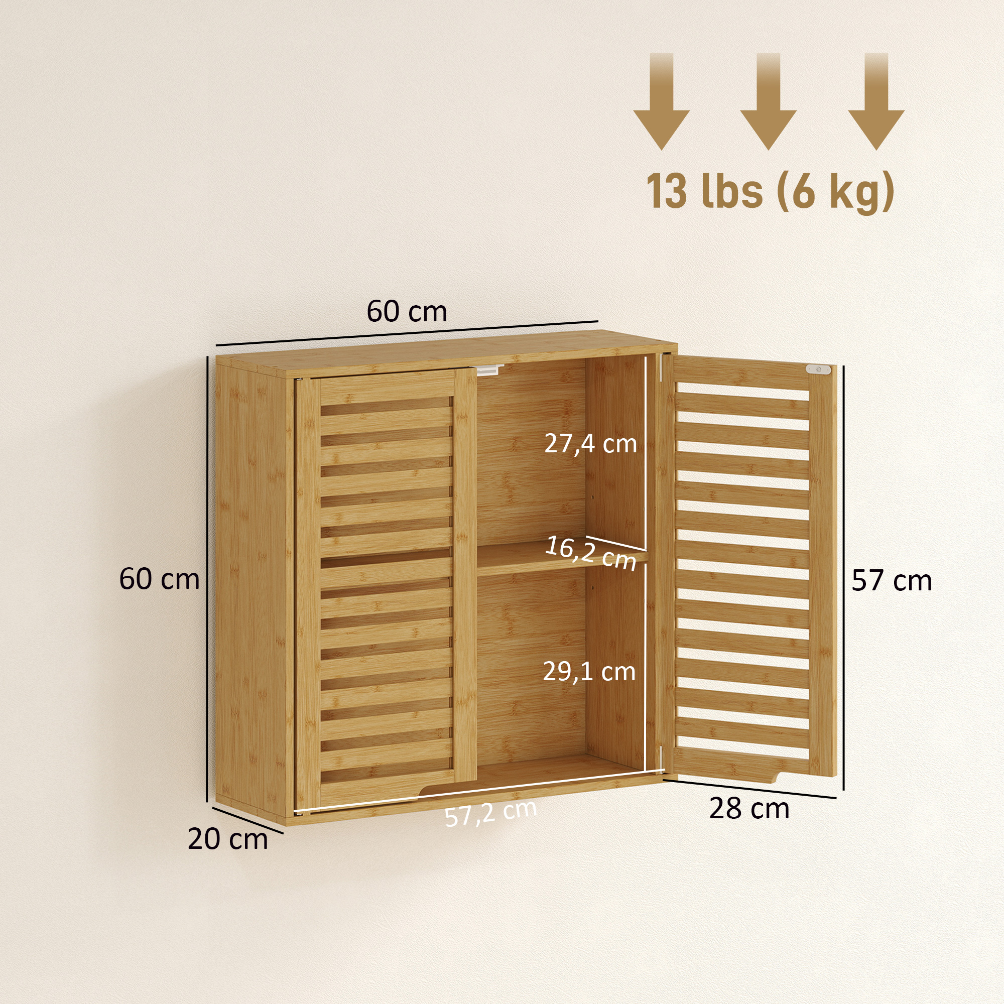 Badezimmerschrank Hängeschrank aus Bambus mit atmungsaktiv Lamellentüren, verstellbar Ablage 60 x 20 x 60 cm Naturholz