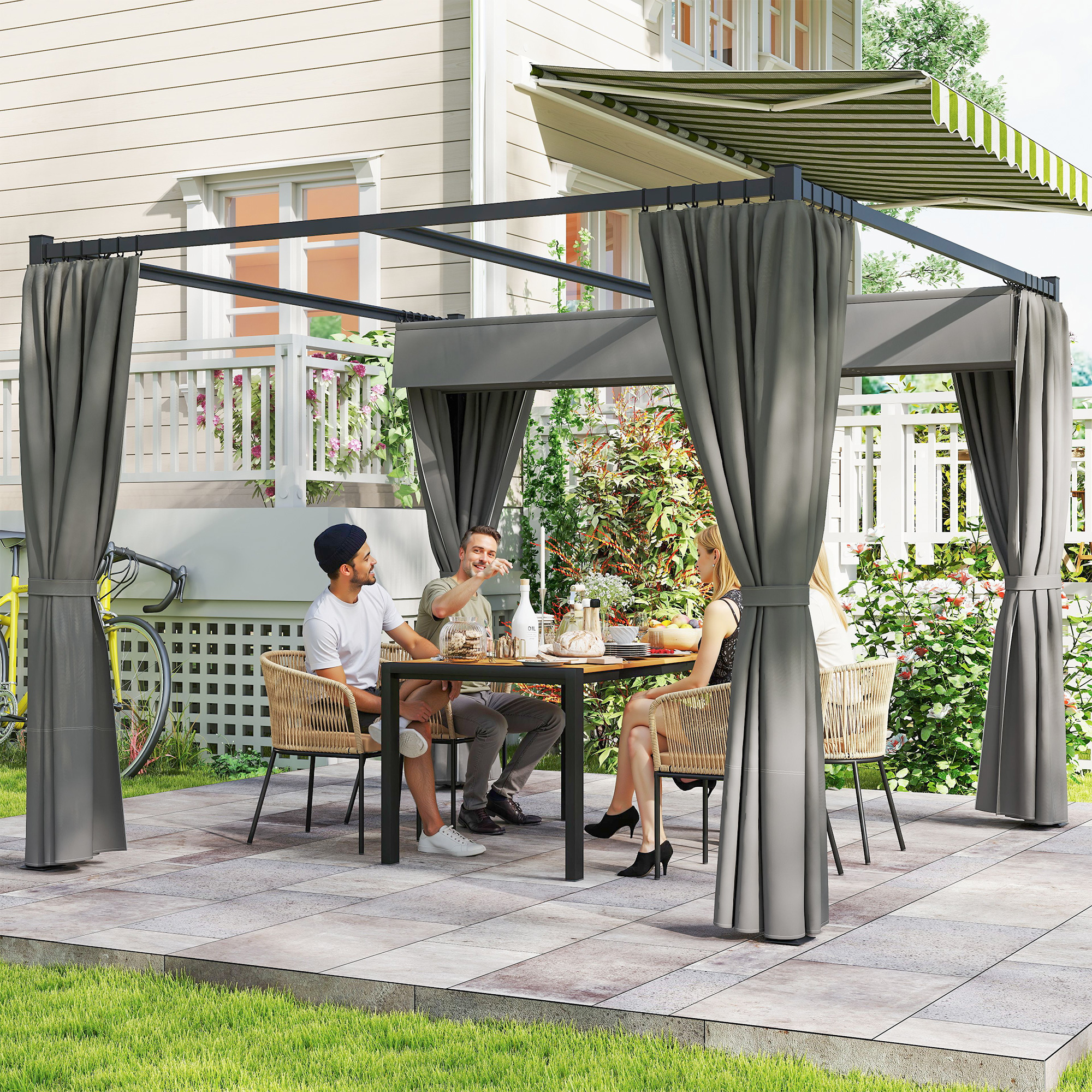 Pergola 3 x 3 m Freistehend Terrassenüberdachung mit Schiebedach, 4 Seitenwände UV-beständig Hellgrau