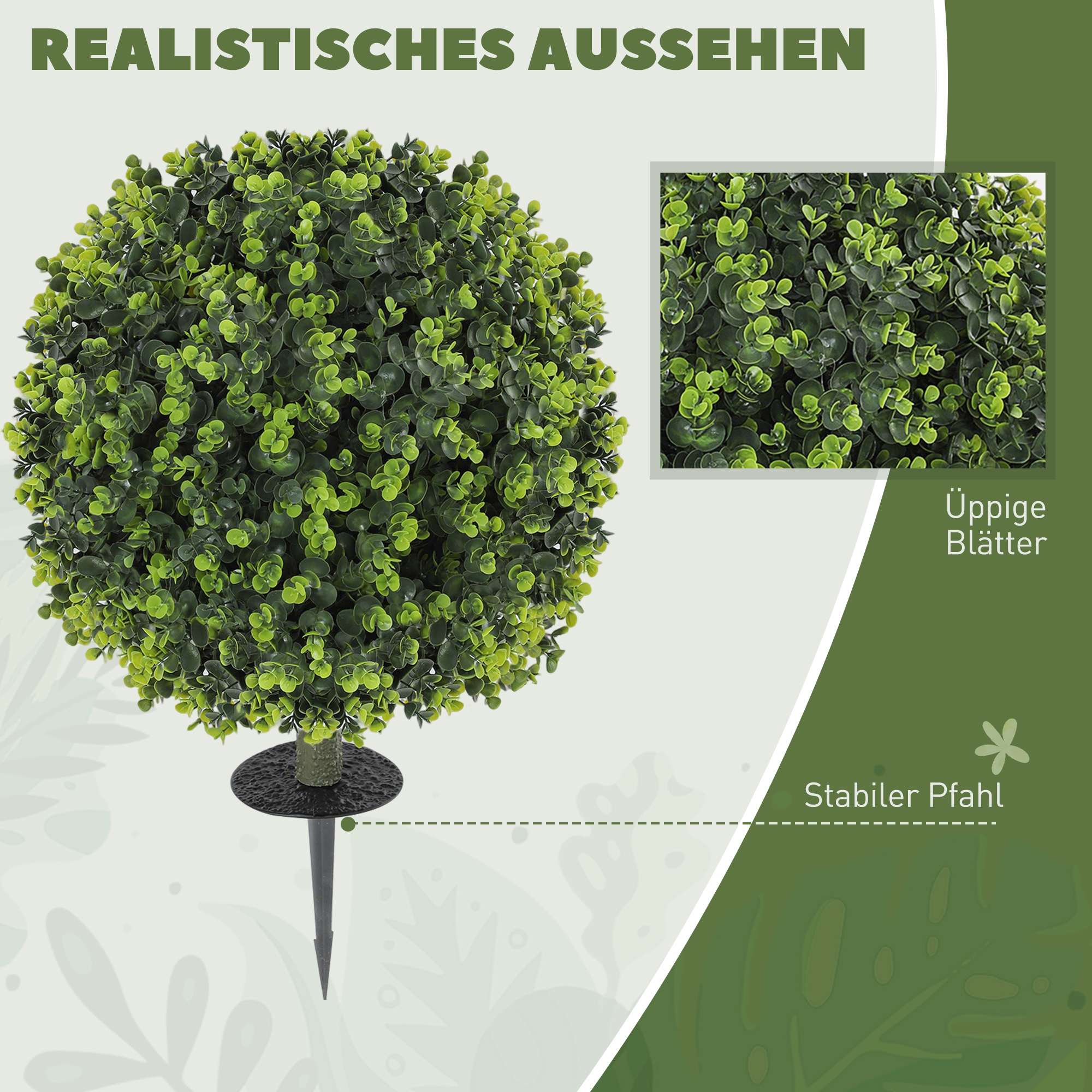 2er-Set Kunstpflanzen, Künstliche Buchsbaumkugeln mit Bodenpfahl, für drinnen und draußen, UV-beständig, Grün
