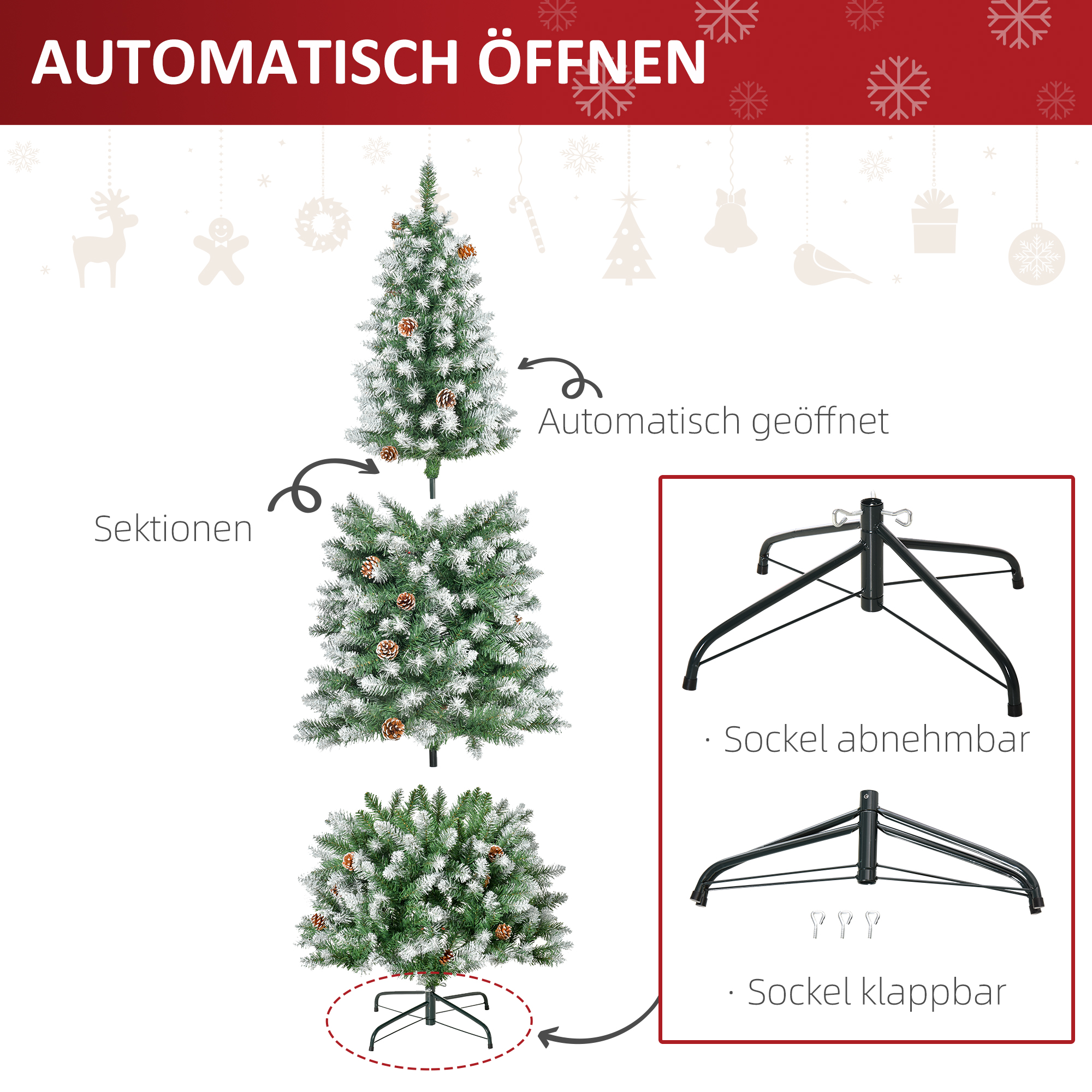 Weihnachtsbaum, 630 Zweige, 37 Zapfen, verschneite Spitzen, feuerfest, 180 cm