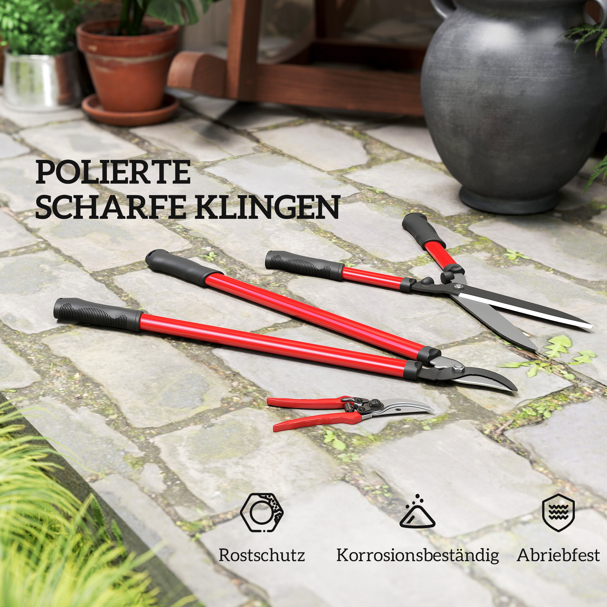 Heckenschere Set 3-teilig Gartenschere Astschere mit Stahlklingen, Griff