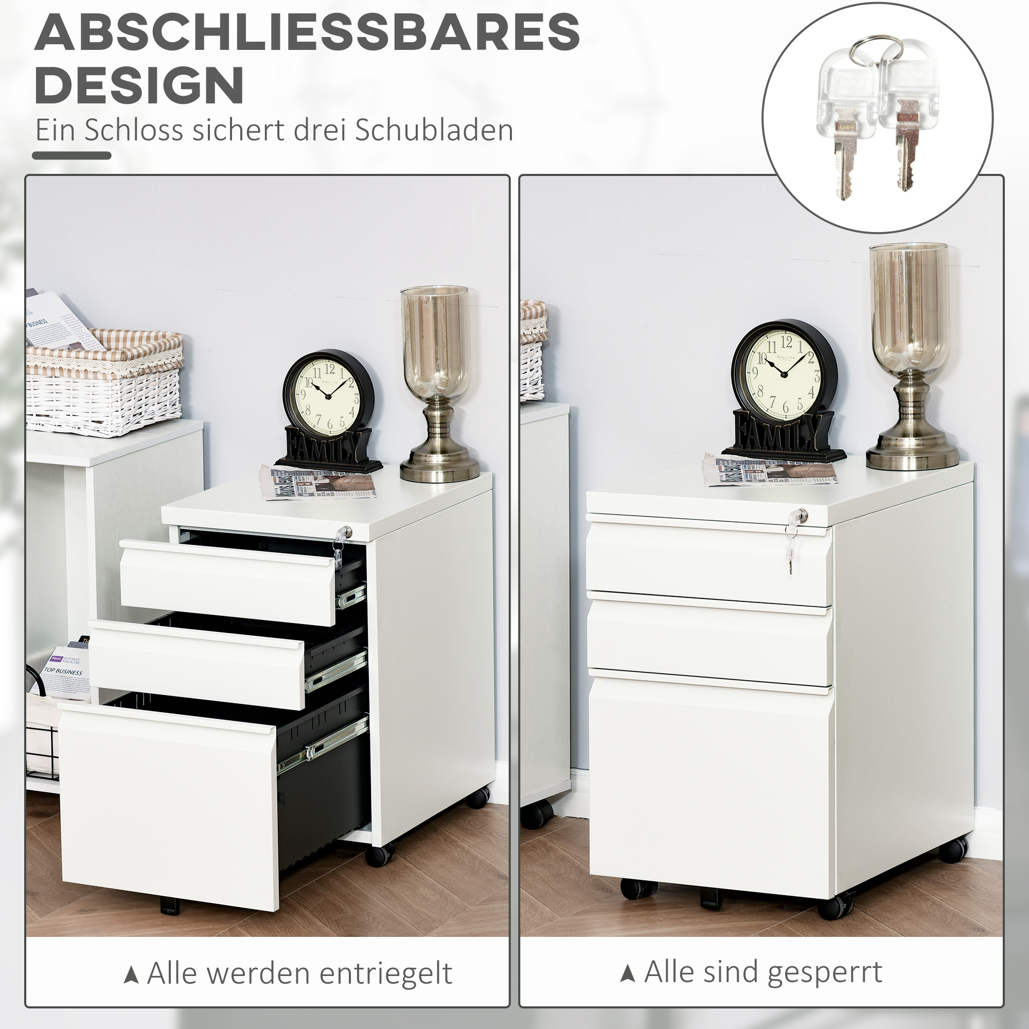 Rollcontainer mit 3 Schubladen mobiler Aktenschrank mit Rollen abschließbar Büroschrank mit konkavem Griff, Schubladenschrank für Büro, Homeoffice, 39 x 48 x 60 cm, Weiß