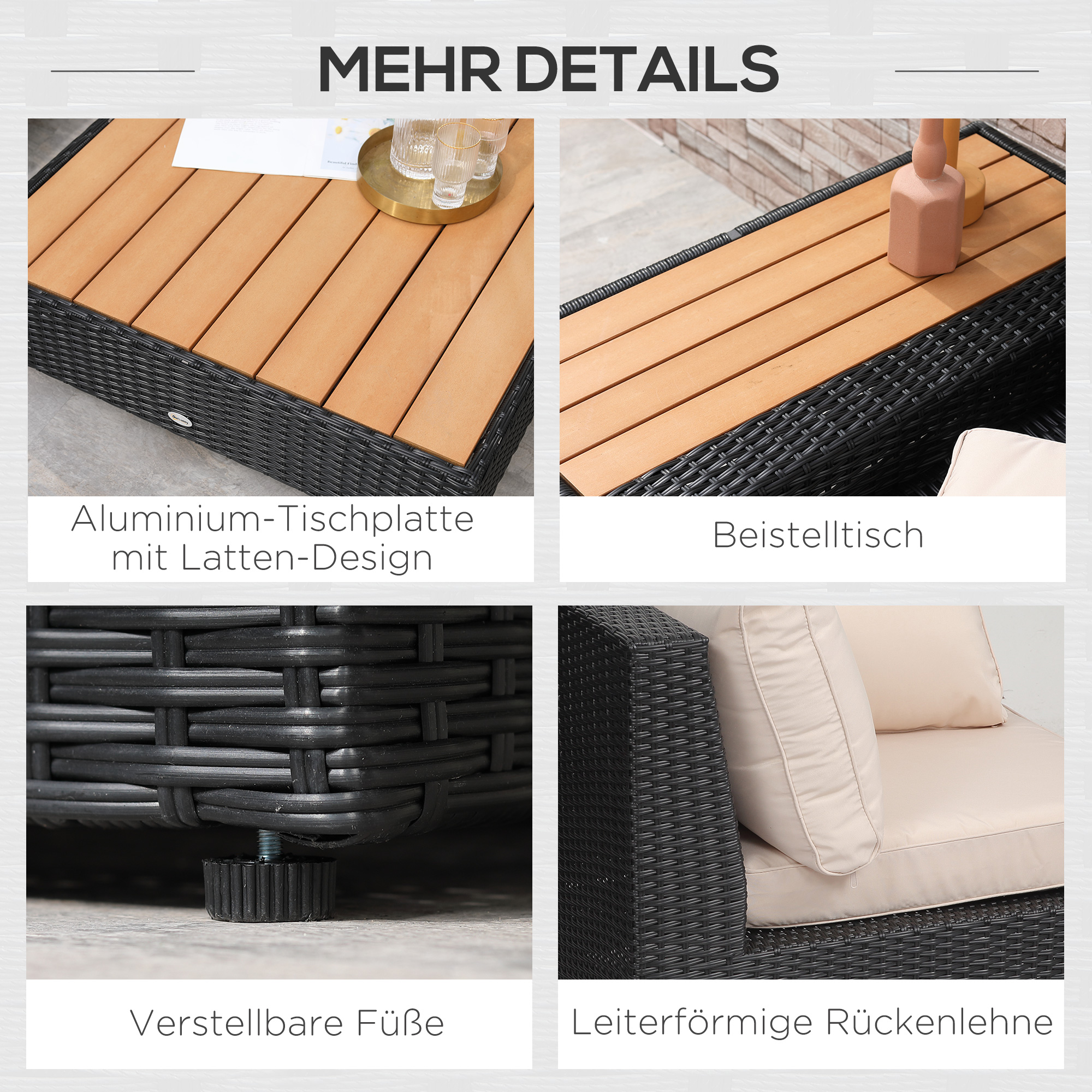 4-tlg. Luxus Polyrattan Gartengarnitur Gartenmöbel Garten-Set Sitzgruppe Loungeset Loungemöbel inkl. Ablagen und Beistelltisch Sitzkissen Schwarz
