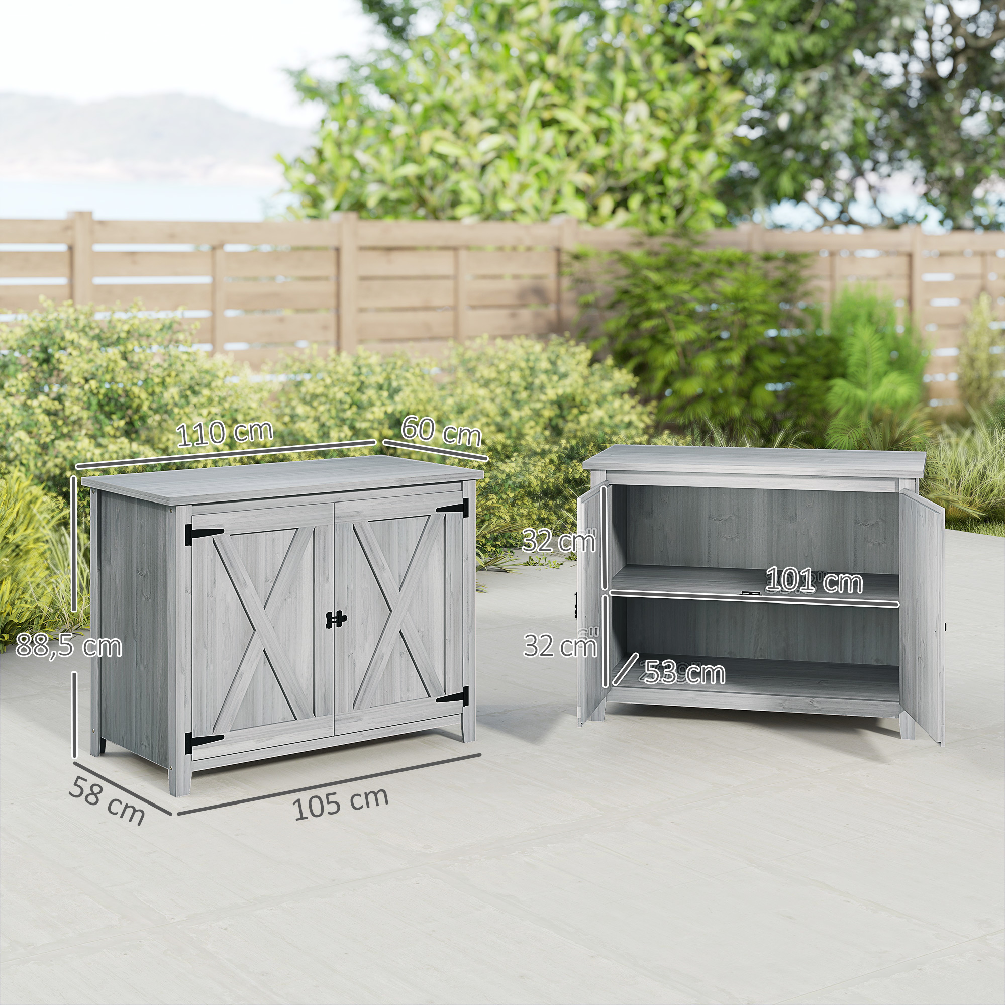 Gartenschrank, Holzschrank für Gartengeräte, Outdoor-Schrank für Terrasse, mit Doppeltüren, Scheunendesign, Hellgrau