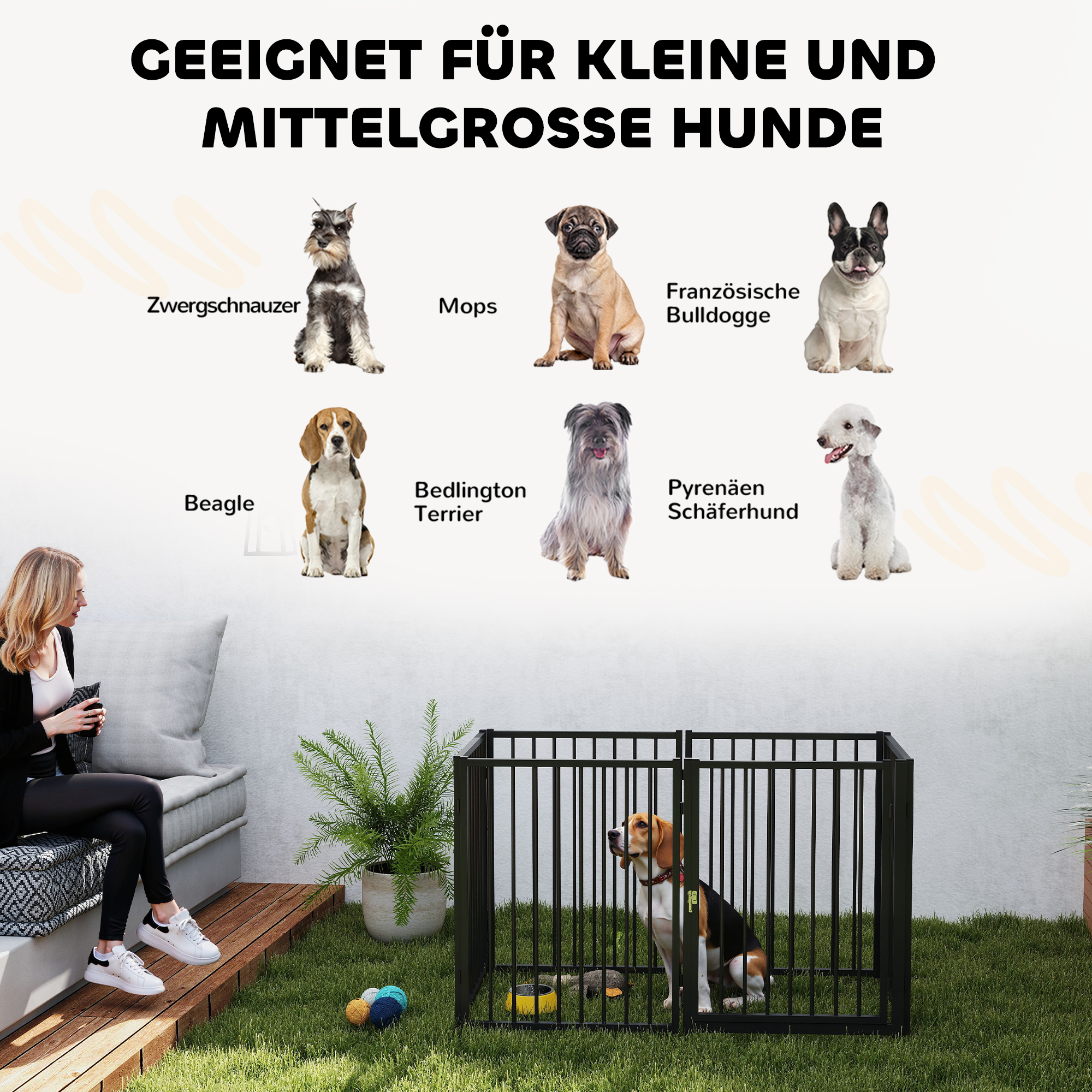Welpenauslauf, Hundeauslauf, Welpengehege, 6 Paneele mit Tür, faltbarer und tragbarer Hundezaun, Stahl, Schwarz