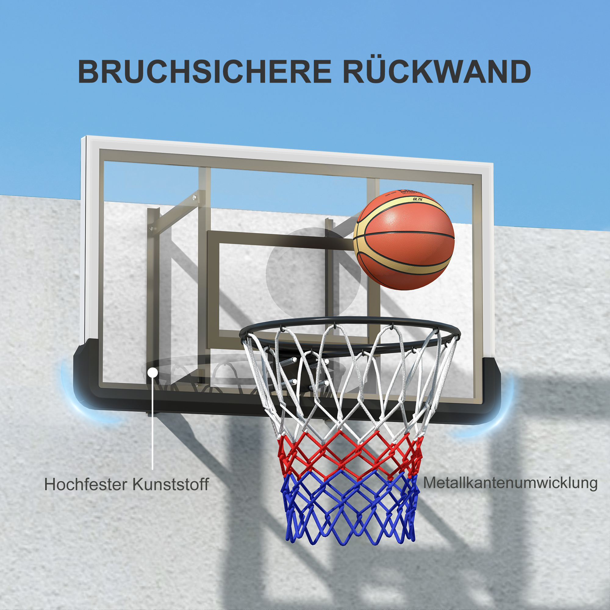 Basketballkorb für Wandmontage, gefederter Korb, bruchsichere Rückwand, Schwarz