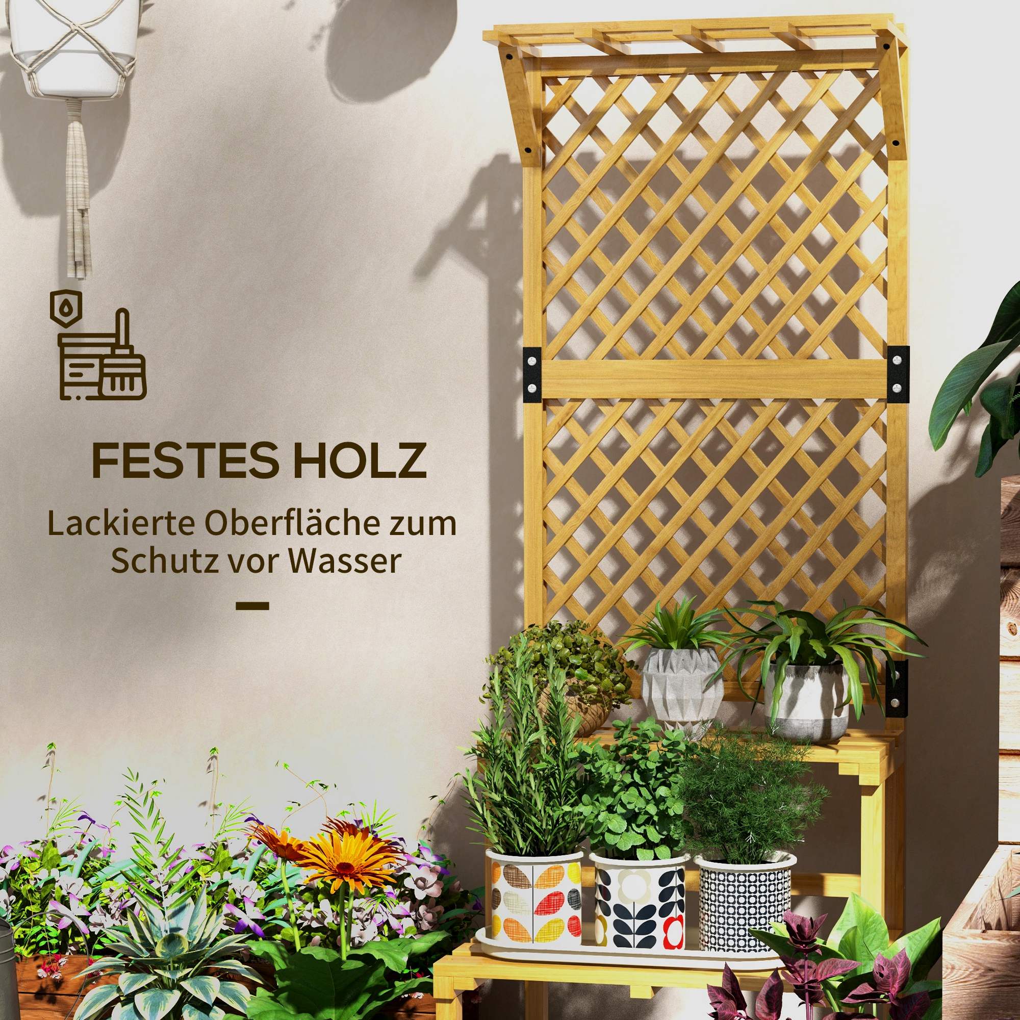 Pflanzenständer, Blumenregal, 2 Etagen, mit Spalier & Dach, Tannenholz, 60x50x166cm, Gelb
