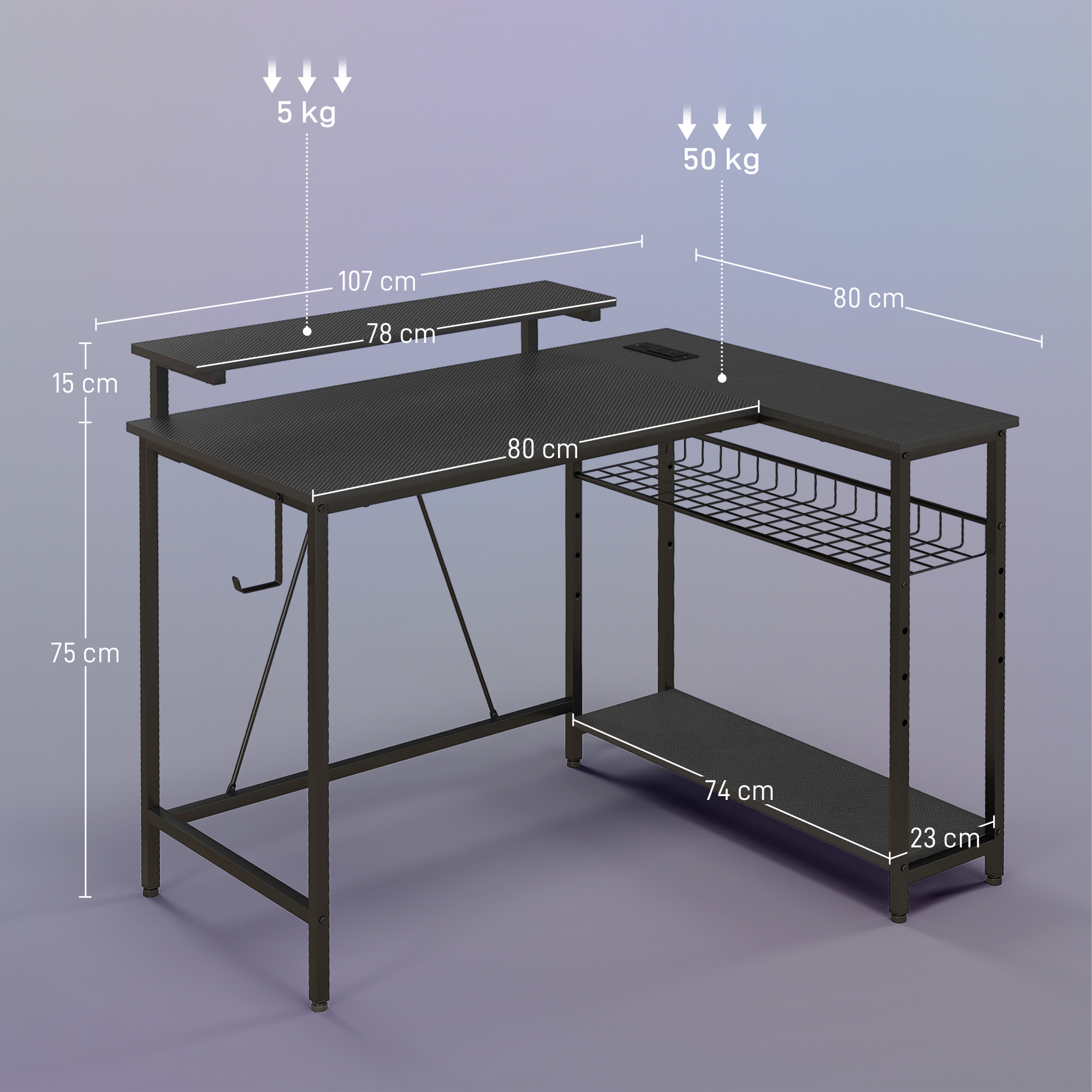 Schreibtisch L Form mit LED, Steckdosen, USB, Umkehrbar Computertisch mit Regal, 107 x 80 x 90 cm, Schwarz