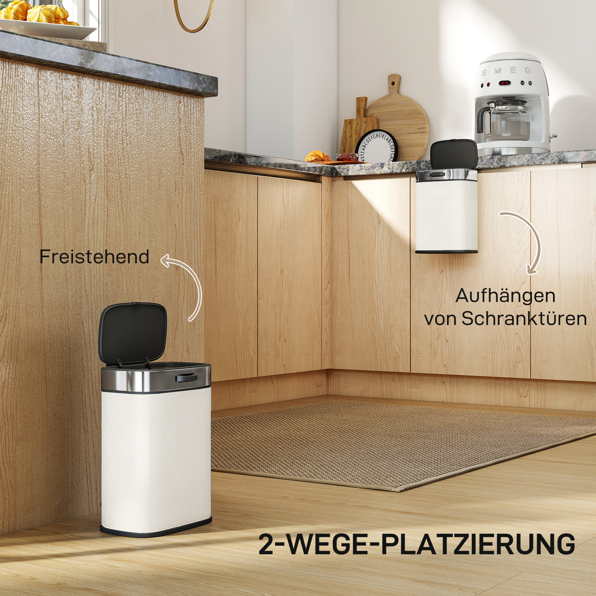 5 L Mülleimer, freistehend oder hängend platzierbar, Edelstahl, Cremeweiß