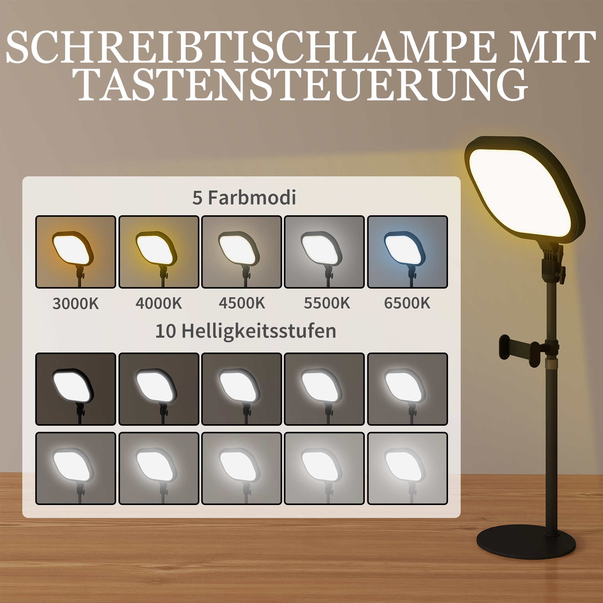 LED-Nachttischlampe, 10 Dimmstufen, 5 Farben, Speicherfunktion, Metall, Schwarz