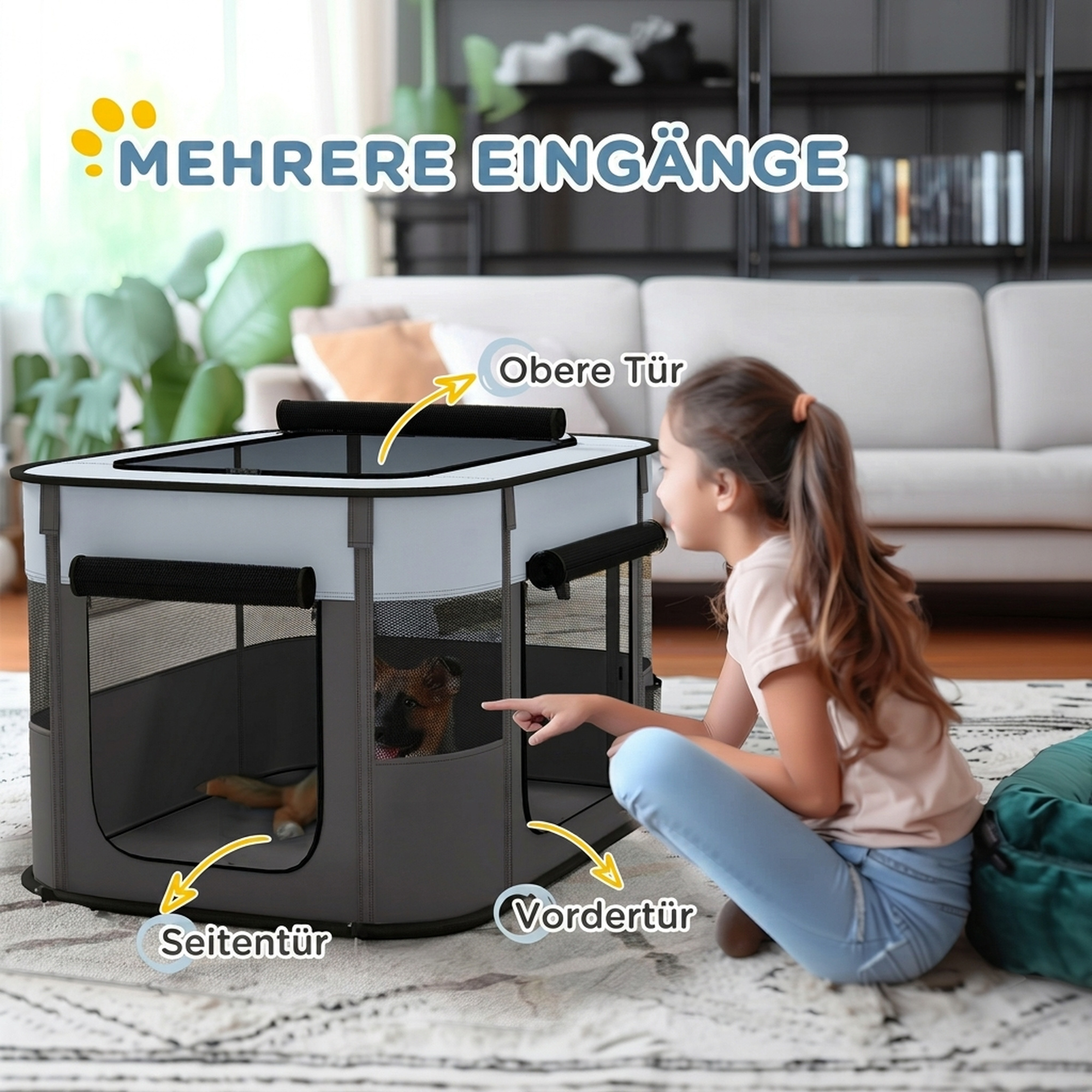 Spielgehege für Haustiere, faltbar, mit Aufbewahrungstasche, für Welpen und Kätzchen, drinnen und draußen, Grau
