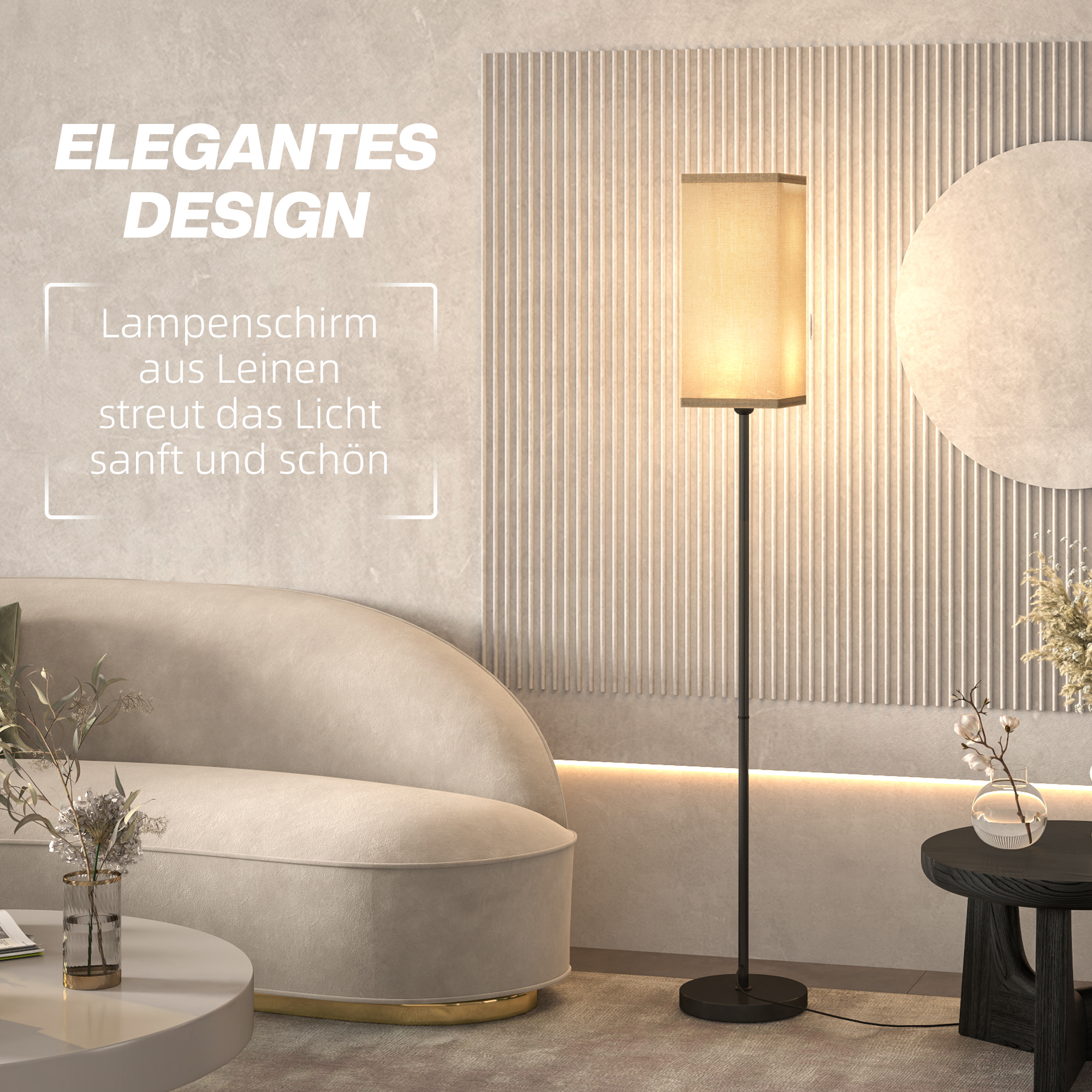 Moderne Stehlampe mit Kunstleinen-Schirm und Fußschalter, für Wohnzimmer und Schlafzimmer, Metall, Schwarz