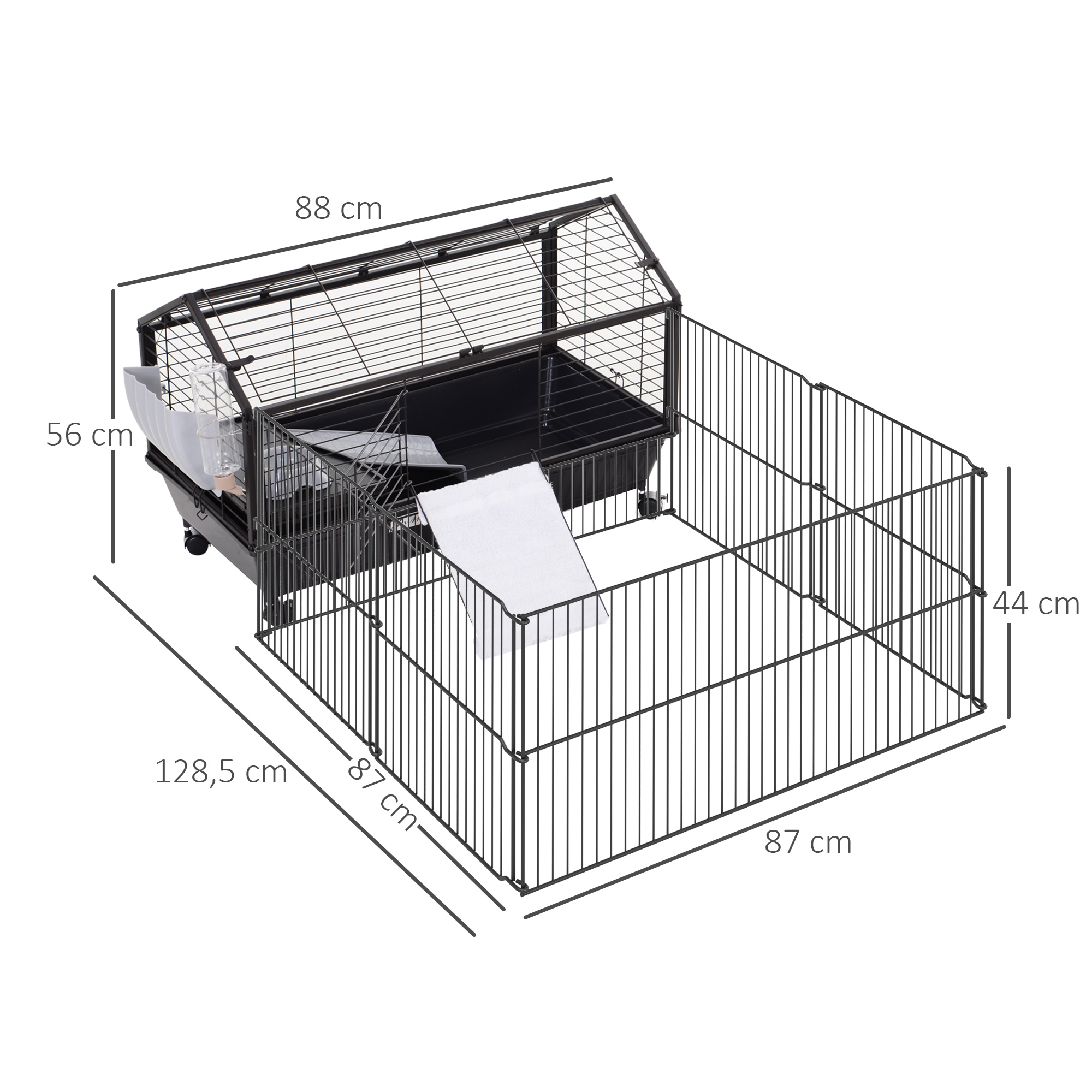 Kleintierkäfig mit Freigehege inkl, Zubehör 88 cm x 128,5 cm x 56 cm  4 Rollen Schwarz Metall Polypropylen