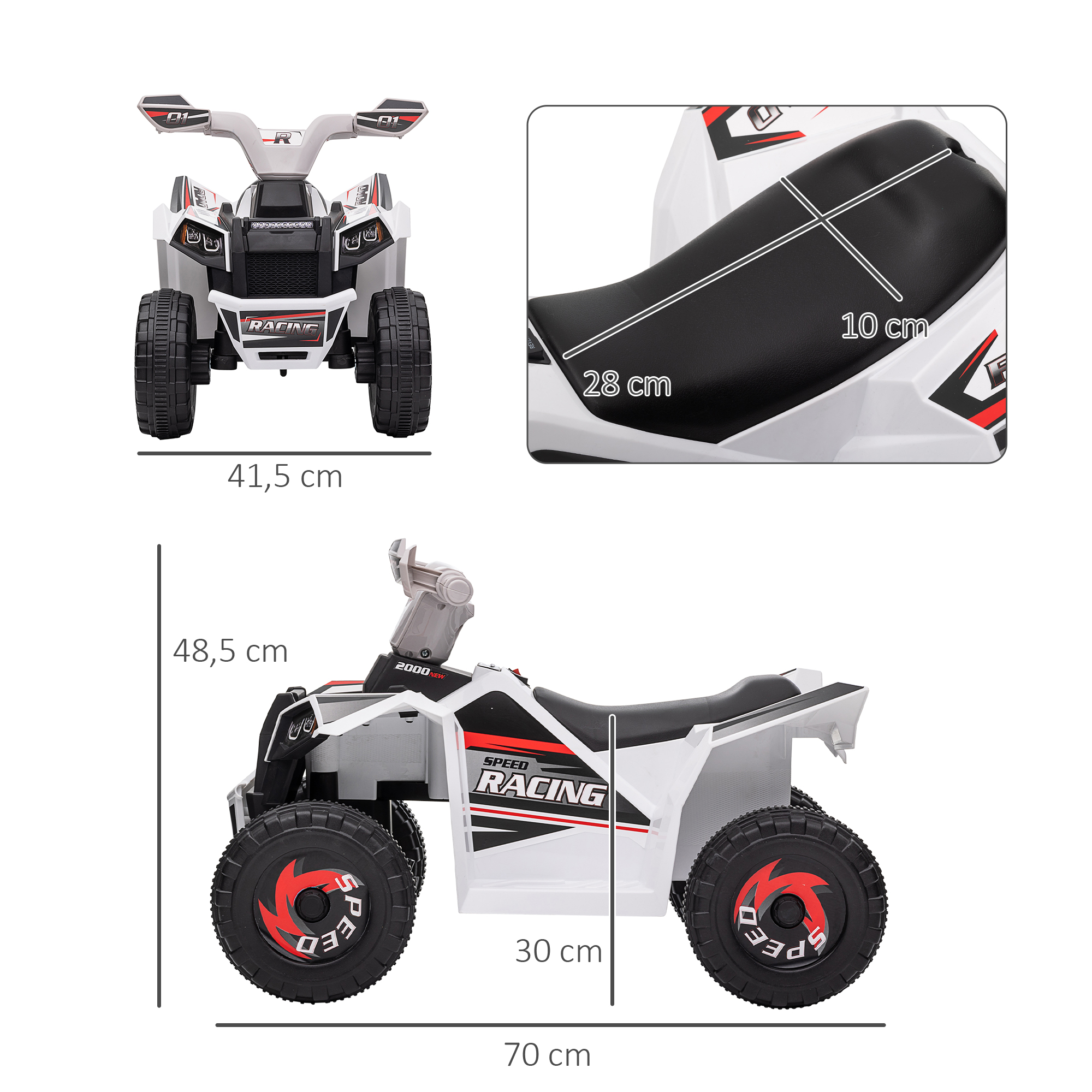 Elektro-Kinderquad, 2,5 km/h, Vorwärts- & Rückwärtsgang, für 18-36 Monate, Weiß