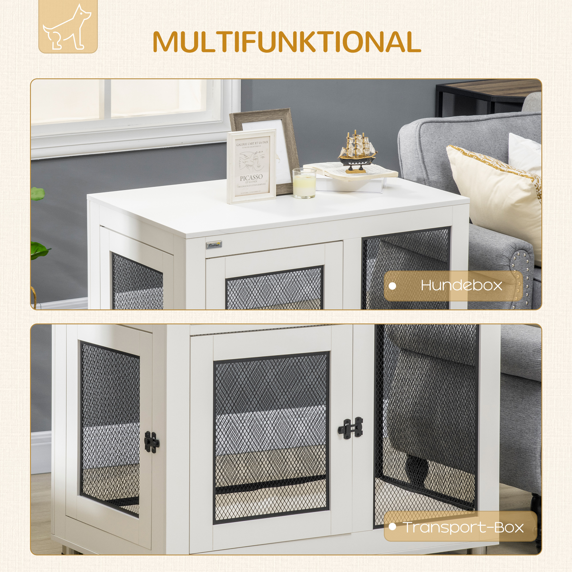 Hundebox, inkl. weicher Matte, 2 Türen, 2 Türen, verriegelbar, Stahl, Weiß, 94 x 60 x 71,5 cm